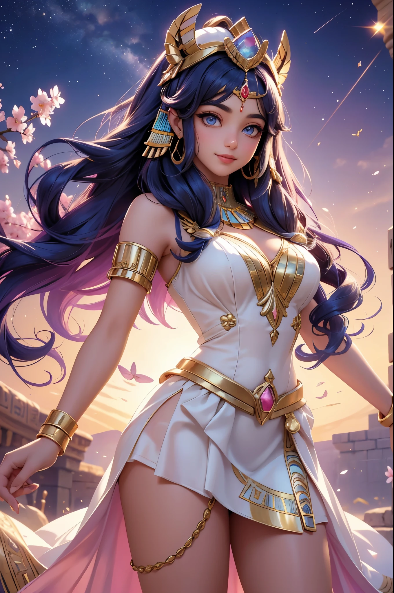 (best quality,4k,8k,highres,masterpiece:1.2),ultra detailed,(realistic,photorealistic,photo-realistic:1.37),acrylic painting,beautiful Egyptian godess in a ta dress with downy hair,beautiful Egyptian godess with extremely colorful hair and detailed facial features,beautiful Egyptian godess standing in a beautiful garden surrounded by a starry sky,beautiful Egyptian godess wearing a vibrant Loliress,beautiful Egyptian godess with intricate accessories and a matching hat,beautiful Egyptian godess posing gracefully with her hands on her hips,beautiful Egyptian godess with long flowing twintails,beautiful Egyptian godess with bright blue eyes and rosy lips,beautiful Egyptian godess with a joyful expression,beautiful Egyptian godess in a dynamic pose with cherry blossoms falling around her,beautiful Egyptian godess surrounded by colorful flowers and butterflies,beautiful Egyptian godess's dress adorned with cute bows and lace details,beautiful Egyptian godess with an enchanting smile,beautiful Egyptian godess with soft pastel color shading,beautiful Egyptian godess with a magical glow illuminating her,beautiful Egyptian godess in a picturesque setting with a winding path leading to a magnificent castle,beautiful Egyptian godess with a fairytale background,beautiful Egyptian godess with a soft dreamy atmosphere,beautiful Egyptian godess with a subtle bokeh effect,beautiful Egyptian godess standing under a moonlit sky,beautiful Egyptian godess with a warm golden sunset in the background,beautiful Egyptian godess surrounded by twinkling stars and colorful nebulae,creating an ethereal and captivating artistic masterpiece