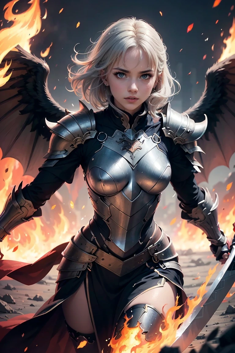 (( Ultra-fine illustration, 8k, masterpiece :1.2, Sharp focus :1.2,  depth of field:1.2)), Beautiful Swordsman,  absurd,  high definition facial and skin texture , Silver Hair, Jet Black Armor, Flame Armor, Cloak on Fire, Flaming Sword, Wings of Fire, Determination to overcome sadness, There&#39;s a sign of determination in your gentle eyes , Strong Soul