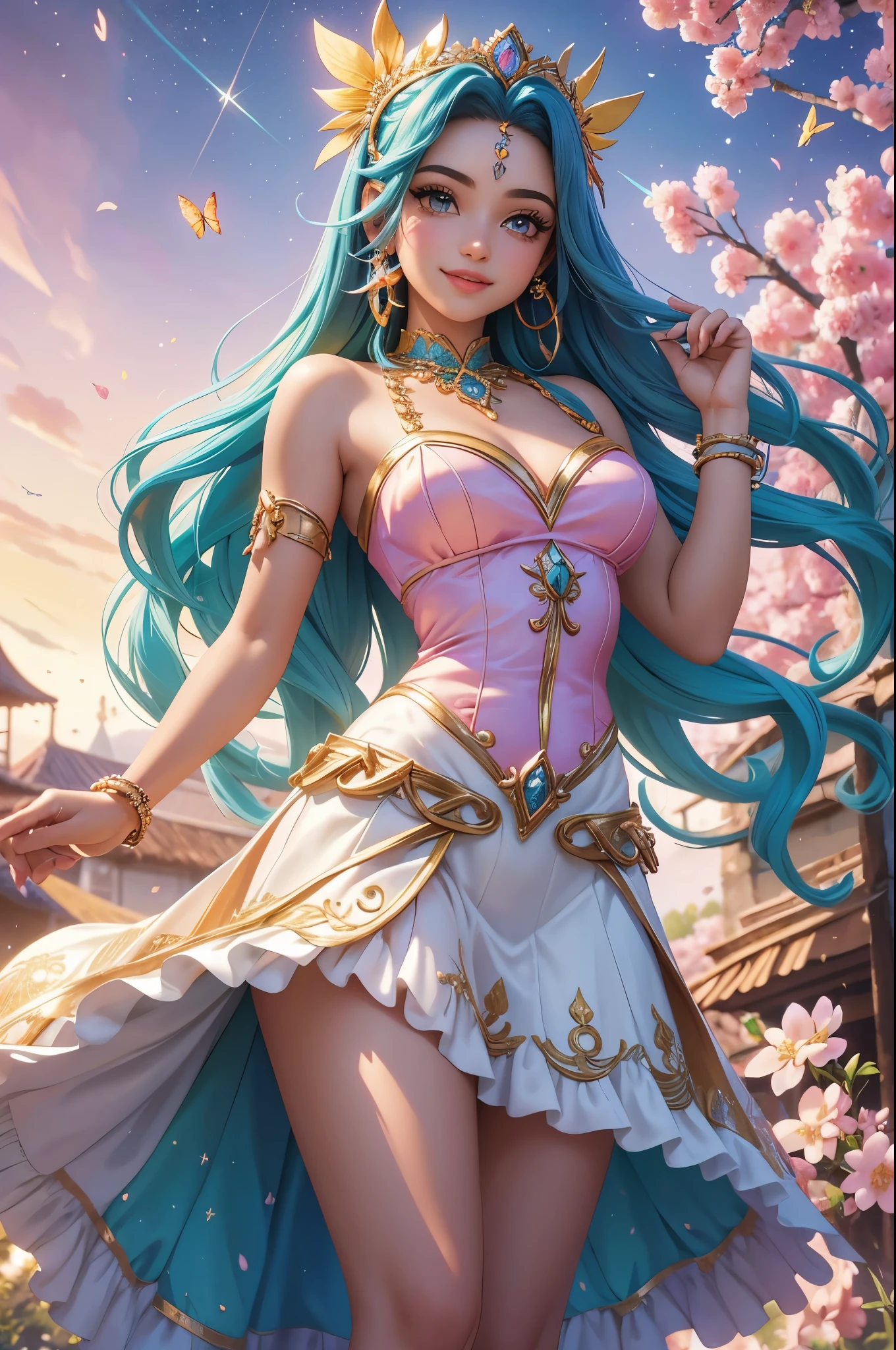 (best quality,4k,8k,highres,masterpiece:1.2),ultra detailed,(realistic,photorealistic,photo-realistic:1.37),acrylic painting,beautiful Brazilian godess in a ta dress with downy hair,beautiful Brazilian godess with extremely colorful hair and detailed facial features,beautiful Brazilian godess standing in a beautiful garden surrounded by a starry sky,beautiful Brazilian godess wearing a vibrant Loliress,beautiful Brazilian godess with intricate accessories and a matching hat,beautiful Brazilian godess posing gracefully with her hands on her hips,beautiful Brazilian godess with long flowing twintails,beautiful Brazilian godess with bright blue eyes and rosy lips,beautiful Brazilian godess with a joyful expression,beautiful Brazilian godess in a dynamic pose with cherry blossoms falling around her,beautiful Brazilian godess surrounded by colorful flowers and butterflies,beautiful Brazilian godess's dress adorned with cute bows and lace details,beautiful Brazilian godess with an enchanting smile,beautiful Brazilian godess with soft pastel color shading,beautiful Brazilian godess with a magical glow illuminating her,beautiful Brazilian godess in a picturesque setting with a winding path leading to a magnificent castle,beautiful Brazilian godess with a fairytale background,beautiful Brazilian godess with a soft dreamy atmosphere,beautiful Brazilian godess with a subtle bokeh effect,beautiful Brazilian godess standing under a moonlit sky,beautiful Brazilian godess with a warm golden sunset in the background,beautiful Brazilian godess surrounded by twinkling stars and colorful nebulae,creating an ethereal and captivating artistic masterpiece