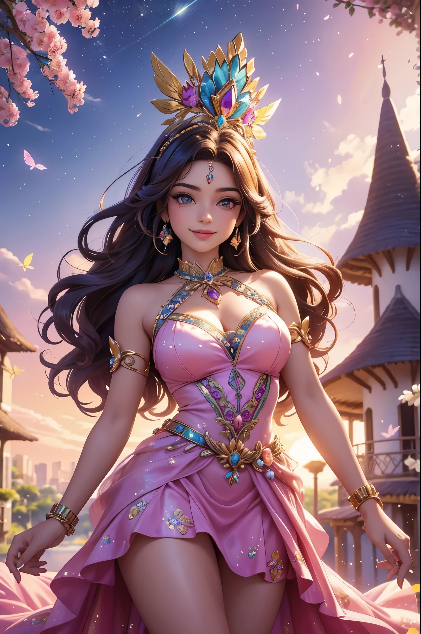 (best quality,4k,8k,highres,masterpiece:1.2),ultra detailed,(realistic,photorealistic,photo-realistic:1.37),acrylic painting,beautiful Brazilian godess in a ta dress with downy hair,beautiful Brazilian godess with extremely colorful hair and detailed facial features,beautiful Brazilian godess standing in a beautiful garden surrounded by a starry sky,beautiful Brazilian godess wearing a vibrant Loliress,beautiful Brazilian godess with intricate accessories and a matching hat,beautiful Brazilian godess posing gracefully with her hands on her hips,beautiful Brazilian godess with long flowing twintails,beautiful Brazilian godess with bright blue eyes and rosy lips,beautiful Brazilian godess with a joyful expression,beautiful Brazilian godess in a dynamic pose with cherry blossoms falling around her,beautiful Brazilian godess surrounded by colorful flowers and butterflies,beautiful Brazilian godess's dress adorned with cute bows and lace details,beautiful Brazilian godess with an enchanting smile,beautiful Brazilian godess with soft pastel color shading,beautiful Brazilian godess with a magical glow illuminating her,beautiful Brazilian godess in a picturesque setting with a winding path leading to a magnificent castle,beautiful Brazilian godess with a fairytale background,beautiful Brazilian godess with a soft dreamy atmosphere,beautiful Brazilian godess with a subtle bokeh effect,beautiful Brazilian godess standing under a moonlit sky,beautiful Brazilian godess with a warm golden sunset in the background,beautiful Brazilian godess surrounded by twinkling stars and colorful nebulae,creating an ethereal and captivating artistic masterpiece