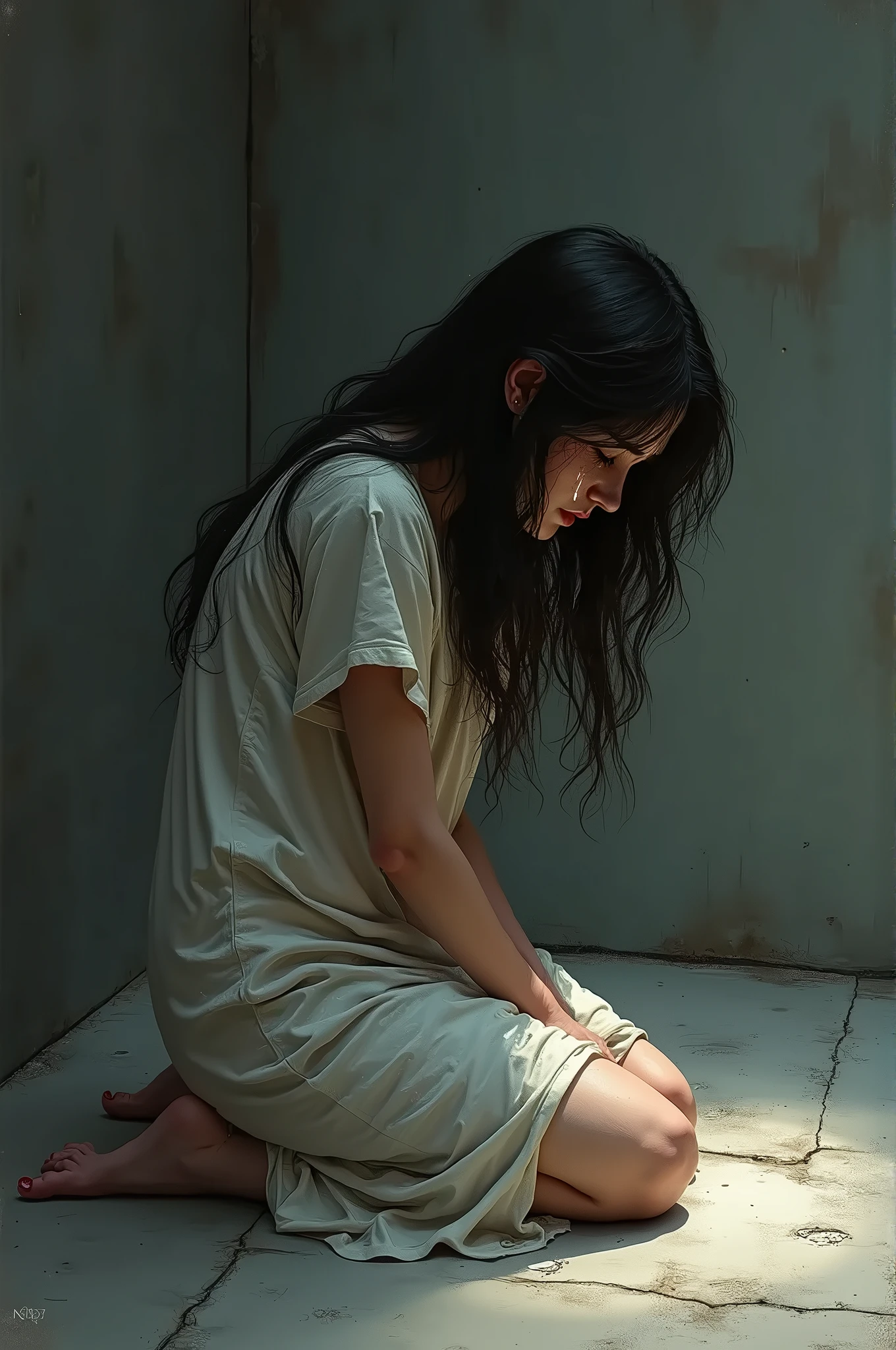 A dirty, naked, voluptuous middle-aged female prisoner Saggy breasts barefoot Disheveled Hair Japanese Sitting and suffering in a dark, narrow cell handcuffs Sweaty Tears Inside the iron bar soaked Shackles