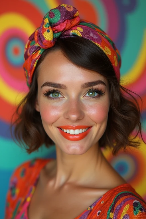fauvist style, bright, unnatural colors, bold brushwork <lora:BrandyGordon_v2.1:.9> BrandyGordon, focus on eyes, close up on face, grinning, wearing jewelry, hair styled twisted bun hair