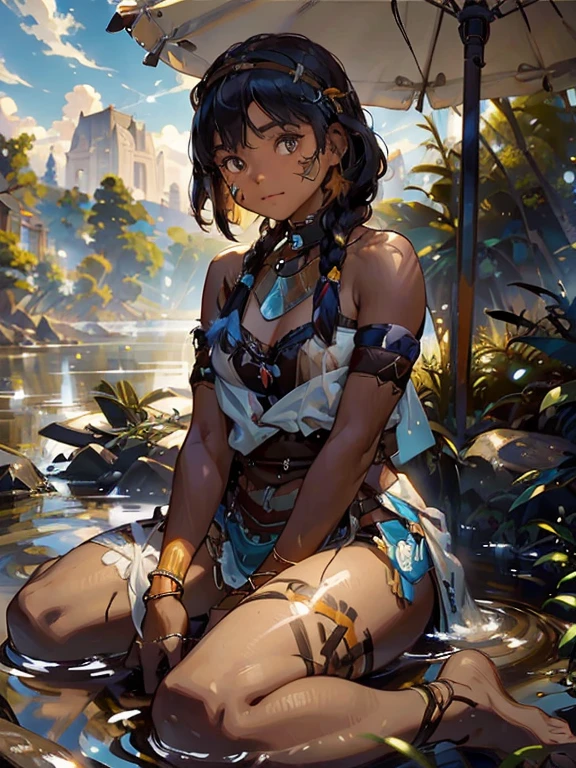 Best Quality, Masterpiece, (Realistic:1.2), A young very small girl，Baby Face，Very short stature:1.3， body type:1.2，Very flat chest，Alone, (Silhouette Lighting:1.2), Braiding your bangs, Tribal Tattoos:1.2, (Dark Skin Tone:1.4), naked, Large swollen and bulging labia，Swollen areola，TRIBAL-BEAUTY，Face Paint, Facial markers, hourglass figure , Savannah, Look at the sky, cloud，From below，touching vagina，Urine stains，Sit-in, river, Touch the vagina，