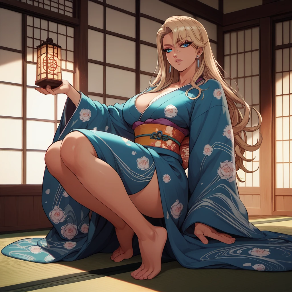 Alone,
Reika Kurashiki,1 girl,blonde,long hair,Blue eyes,earrings,
 big breasts,
inside,
full body,print_kimono,