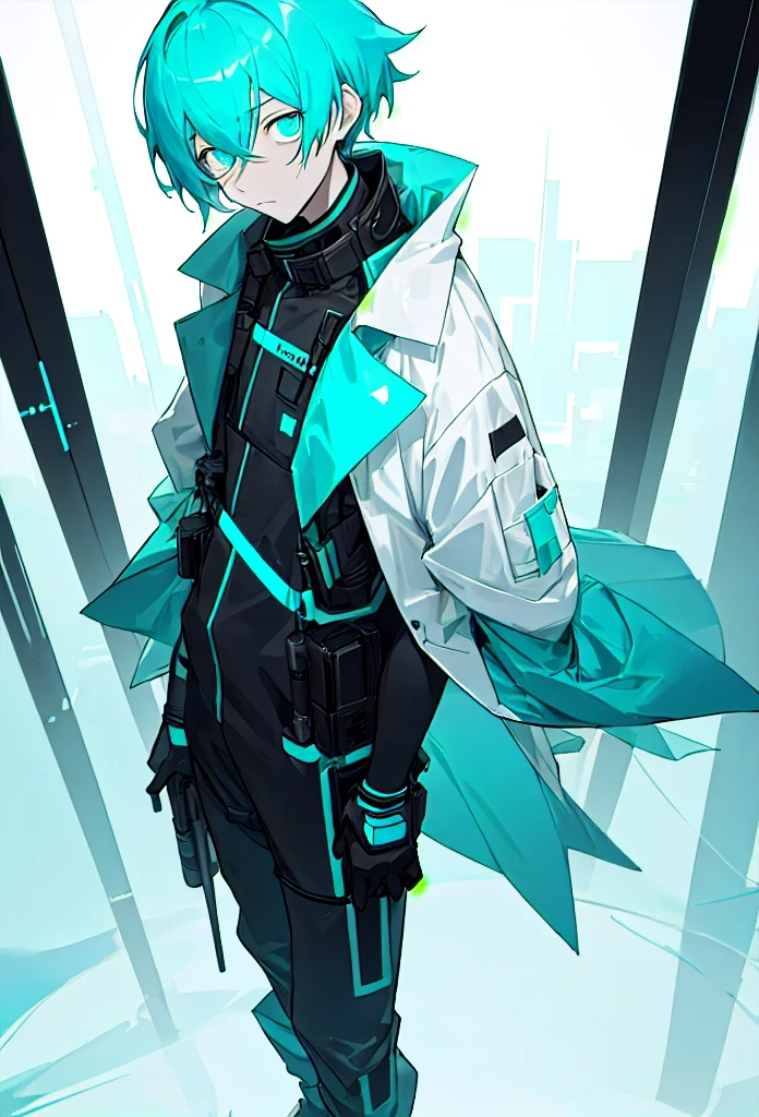 A guy emotionless face, short cyan hair, wearing techwear, scientist-like outfit, medium height, full length