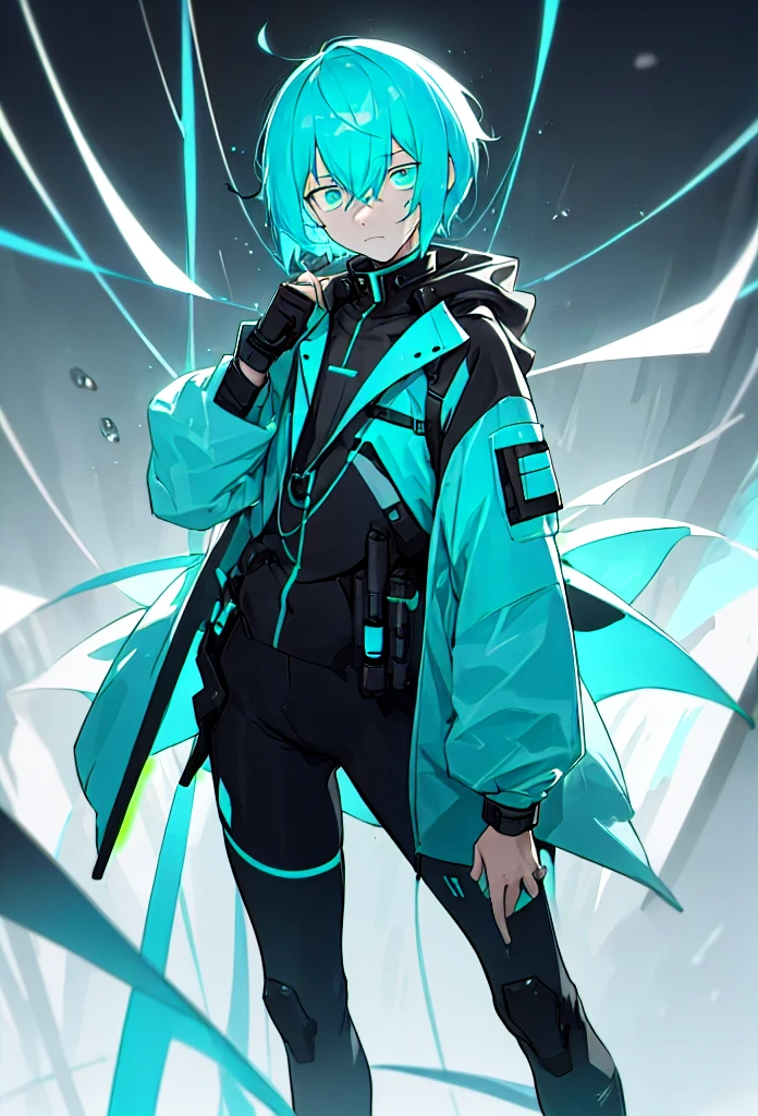 A guy emotionless face, short cyan hair, wearing techwear, scientist-like outfit, medium height, full length