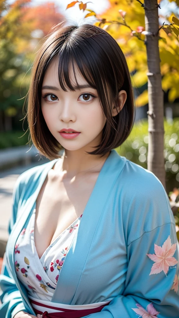 masterpiece,  super high definition, 4K, Best Quality, 1 person, ((whole body)),  beautiful and elaborate face,  beautiful skin with fine texture,  skin texture, high school student, Sparkle in your eyes, Dynamic pose, Straight Hair, Gal Makeup, Bobcut, Blue kimono with floral pattern , kimono, Autumn scenery, Bright red autumn leaves, forest, river, night, Decorative art, Artistic, 