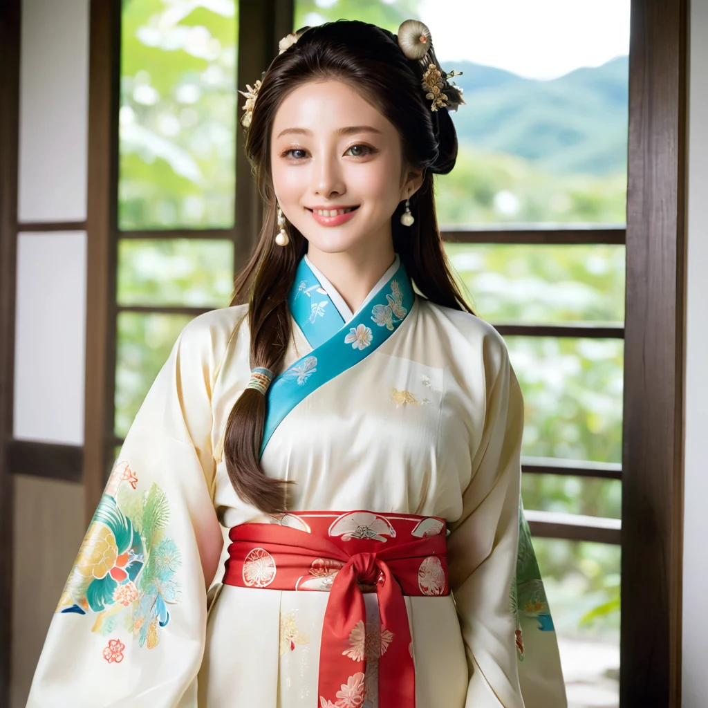 ((Best Quality)), ((masterpiece)), (detailed), （ perfect face）,The woman is Ishihara Satomi, who has excellent proportions and big breasts, wears Chinese folk clothes and ties her hair、The woman is smiling gently