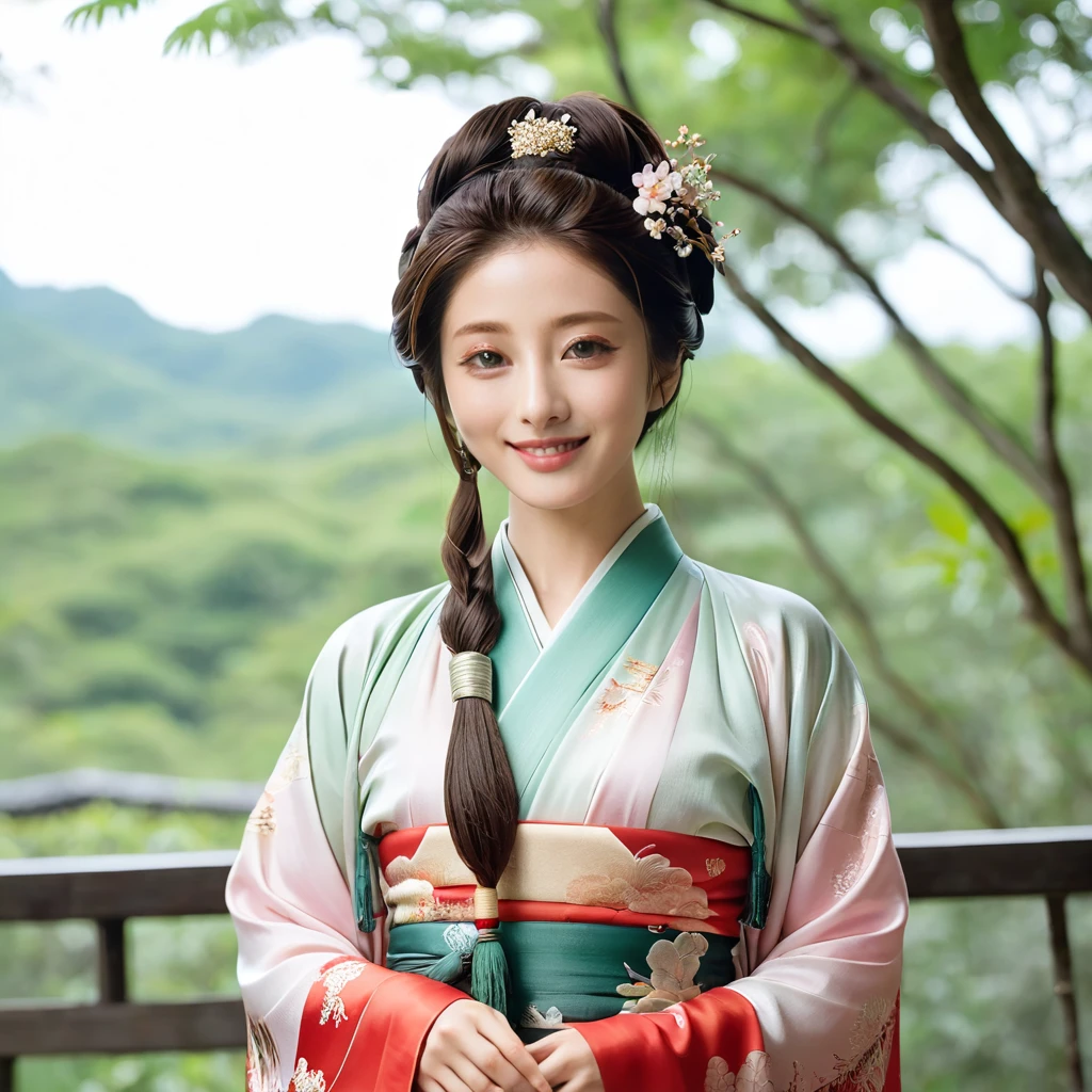 ((Best Quality)), ((masterpiece)), (detailed), （ perfect face）,The woman is Ishihara Satomi, who has excellent proportions and big breasts, wears Chinese Hanfu and ties her hair、The woman is smiling gently