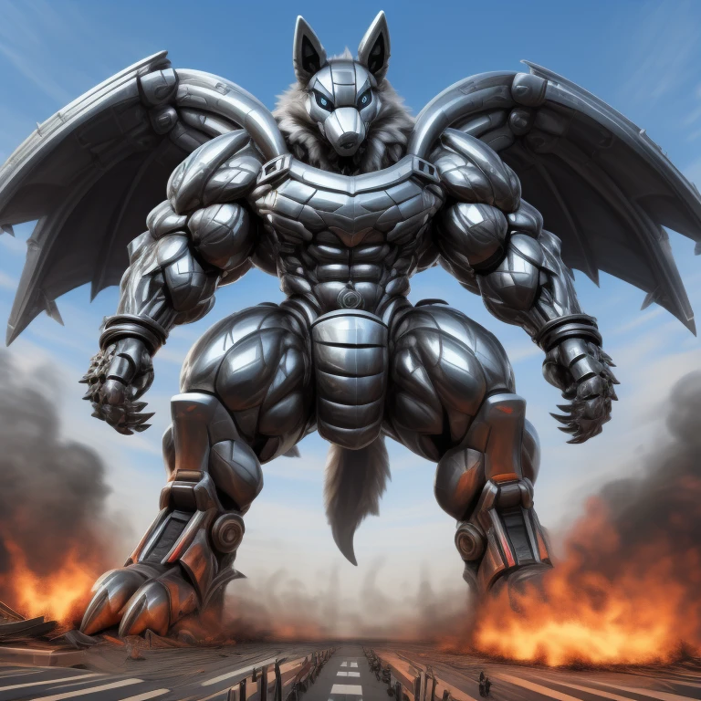 (masterpiece. official art. 8k. best quality. detailed full body. full body.)
(situation 1 : dominating mega lucario. focus GIANT mechanical Muscular mega lucario is trampling the CITY. macro. stomp. Low-angle perspective. emphasizing the immense size. The perspective is from below, emphasizing the sheer majesty and power of the Giant. giant art. He is much bigger than a skyscraper. Giga Giants. micro socceeld. looking down.)

(situation 2 :smoke and flames rising from the destruction in the city)

(Additional details 1: wearing a full-face helmet. helmet is jet black. The color of NANOSUIT is jet black. high-tech bio-mecha armor. real texture material. whole body shines like metal. Wearing cyberpunk mecha. emphasizes the muscles. suit fully made of metal. intricate armor. Robotic suit. suit fully made of metal. no face.). (mega lucario has 5 toes.) Wearing a Full Face Toxic Gas Mask. no blue.
An arrogant expression.
smile at the corner of your mouth.

(Additional details 2: (Detailed head. Detailed Body. Detailed abs. gigantic muscles. HYPER MUSCLES. Gigachad Muscular. big muscle. pecs. triceps. traps. unusually developed muscular body. body full of huge muscles. showing off muscles. pectorales enormes. Exaggeratedly huge muscles. huge muscles. long legs.).

(Additional details 3: nj5furry, Spread wings. It has wings. black have big wings. The claws are sharp. Sharp teeth.5 toes.).  Wearing a Full Face Toxic Gas Mask. 