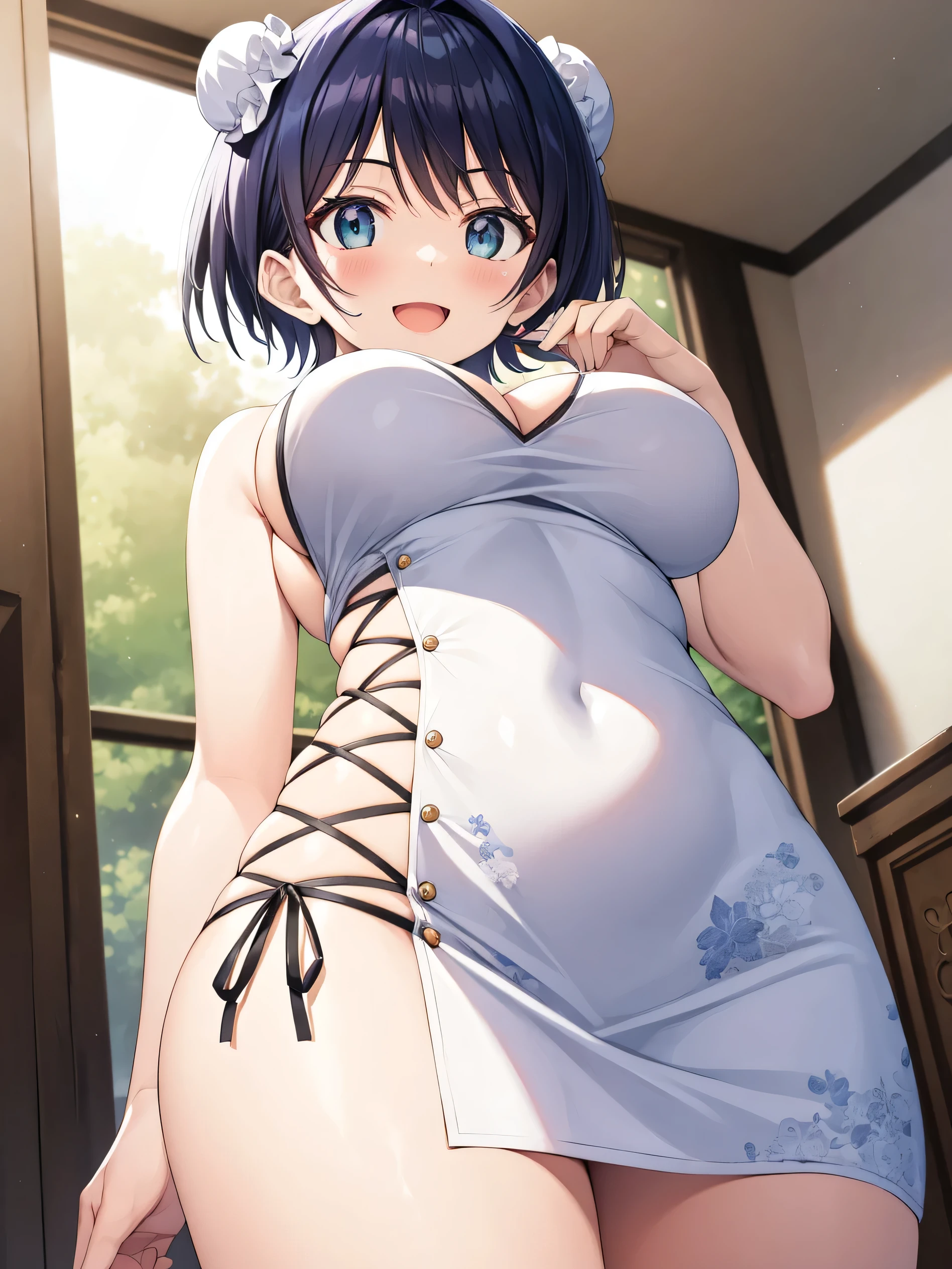 highest quality, High resolution, perfect pixel, Depth of the bounds written, 4k), beautiful anime girl, beautiful art style, looking at the viewer, perfect body, Sarashina Ruka, short hair, hair buns, large breast, (blush all over the face),smile, open your mouth, bedroom, (oekakizuki china dress), thighs, from below