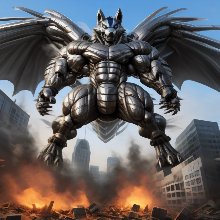 (masterpiece. official art. 8k. best quality. detailed full body. full body.)
(situation 1 : dominating mega lucario. focus GIANT mechanical Muscular mega lucario is trampling the CITY. macro. stomp. Low-angle perspective. emphasizing the immense size. The perspective is from below, emphasizing the sheer majesty and power of the Giant. giant art. He is much bigger than a skyscraper. Giga Giants. micro socceeld. looking down.)

(situation 2 :smoke and flames rising from the destruction in the city)

(Additional details 1: wearing a full-face helmet. helmet is jet black. The color of NANOSUIT is jet black. high-tech bio-mecha armor. real texture material. whole body shines like metal. Wearing cyberpunk mecha. emphasizes the muscles. suit fully made of metal. intricate armor. Robotic suit. suit fully made of metal. no face.). (mega lucario has 5 toes.) Wearing a Full Face Toxic Gas Mask. no blue.
An arrogant expression.
smile at the corner of your mouth.

(Additional details 2: (Detailed head. Detailed Body. Detailed abs. gigantic muscles. HYPER MUSCLES. Gigachad Muscular. big muscle. pecs. triceps. traps. unusually developed muscular body. body full of huge muscles. showing off muscles. pectorales enormes. Exaggeratedly huge muscles. huge muscles. long legs.).

(Additional details 3: nj5furry, Spread wings. It has wings. black have big wings. The claws are sharp. Sharp teeth.5 toes.).  Wearing a Full Face Toxic Gas Mask. 