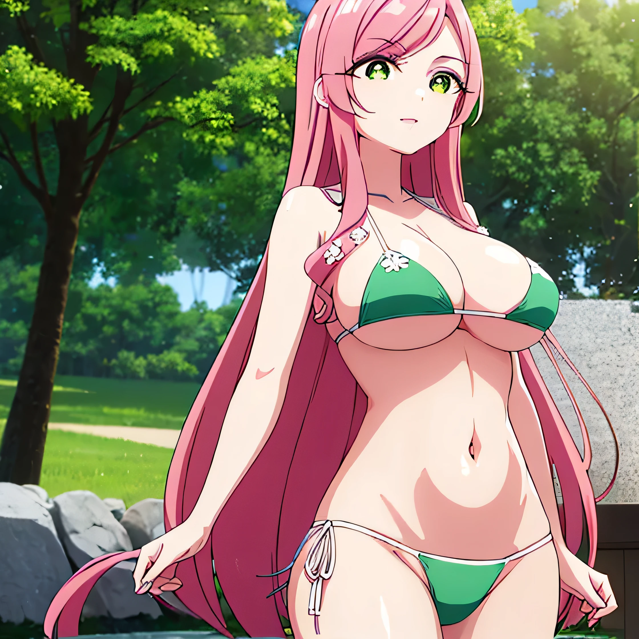 1girl, alone,hahari hanazono, long hair, bangs, (green eyes:1.2), pink hair, flower, hair flower, smile, (bikini:1.5), outdoors, beach, looking at viewer, (masterpiece:1.2), best quality, high resolution, unity 8k wallpaper, (illustration:0.8), green eyes,(beautiful detailed eyes:1.6), extremely detailed face, perfect lighting, extremely detailed CG, (perfect hands, perfect anatomy),large breasts, medium waist, wide hips, medium thighs