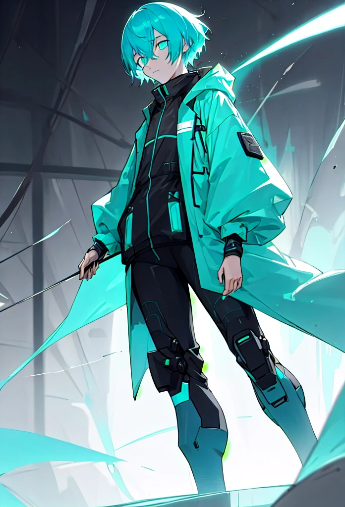 A guy emotionless face, short cyan hair, wearing techwear, scientist-like outfit, medium height, full length