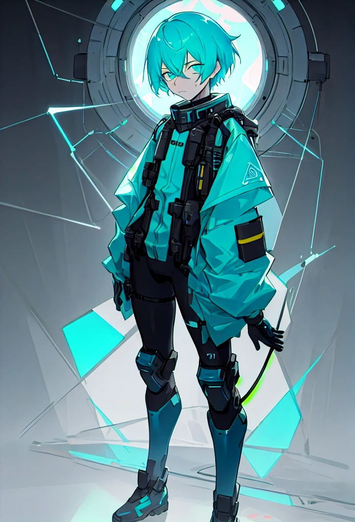 A guy emotionless face, short cyan hair, wearing techwear, scientist-like outfit, medium height, full length