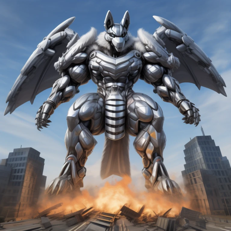 (masterpiece. official art. 8k. best quality. detailed full body. full body.)
(situation 1 : dominating mega lucario. focus GIANT mechanical Muscular mega lucario is trampling the CITY. macro. stomp. Low-angle perspective. emphasizing the immense size. The perspective is from below, emphasizing the sheer majesty and power of the Giant. giant art. He is much bigger than a skyscraper. Giga Giants. micro socceeld. looking down.)

(situation 2 :smoke and flames rising from the destruction in the city)

(Additional details 1: wearing a full-face helmet. helmet is jet black. The color of NANOSUIT is jet black. high-tech bio-mecha armor. real texture material. whole body shines like metal. Wearing cyberpunk mecha. emphasizes the muscles. suit fully made of metal. intricate armor. Robotic suit. suit fully made of metal. no face.). (mega lucario has 5 toes.) Wearing a Full Face Toxic Gas Mask. no blue.
An arrogant expression.
smile at the corner of your mouth.

(Additional details 2: (Detailed head. Detailed Body. Detailed abs. gigantic muscles. HYPER MUSCLES. Gigachad Muscular. big muscle. pecs. triceps. traps. unusually developed muscular body. body full of huge muscles. showing off muscles. pectorales enormes. Exaggeratedly huge muscles. huge muscles. long legs.).

(Additional details 3: nj5furry, Spread wings. It has wings. black have big wings. The claws are sharp. Sharp teeth.5 toes.).  Wearing a Full Face Toxic Gas Mask. 