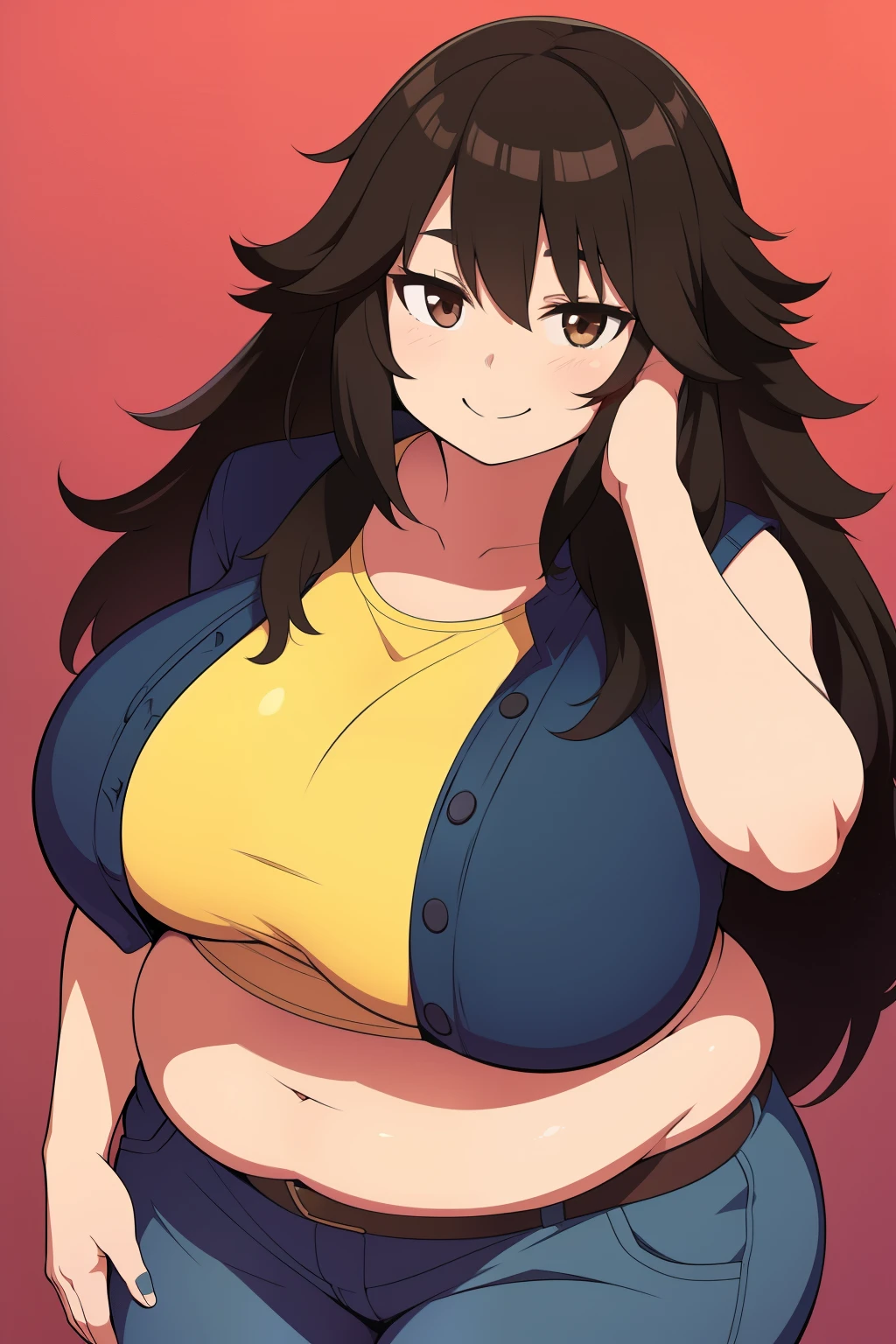 Chubby girl with big breasts black hair brown eyes long messy hair happy smile derdere