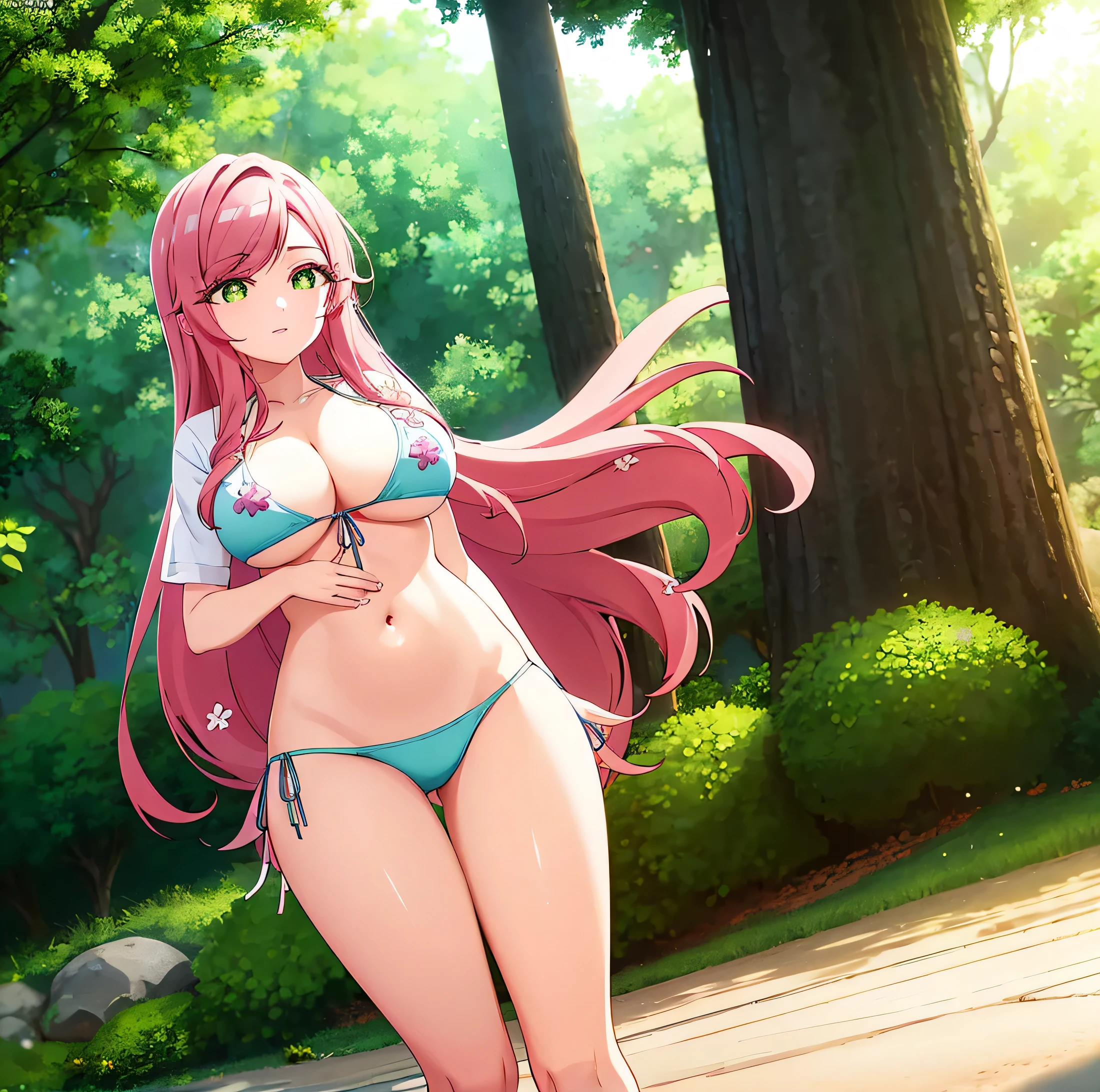 1girl, alone,hahari hanazono, long hair, bangs, (green eyes:1.2), pink hair, flower, hair flower, smile, (bikini:1.5), outdoors, beach, looking at viewer, (masterpiece:1.2), best quality, high resolution, unity 8k wallpaper, (illustration:0.8), green eyes,(beautiful detailed eyes:1.6), extremely detailed face, perfect lighting, extremely detailed CG, (perfect hands, perfect anatomy),large breasts, medium waist, wide hips, medium thighs