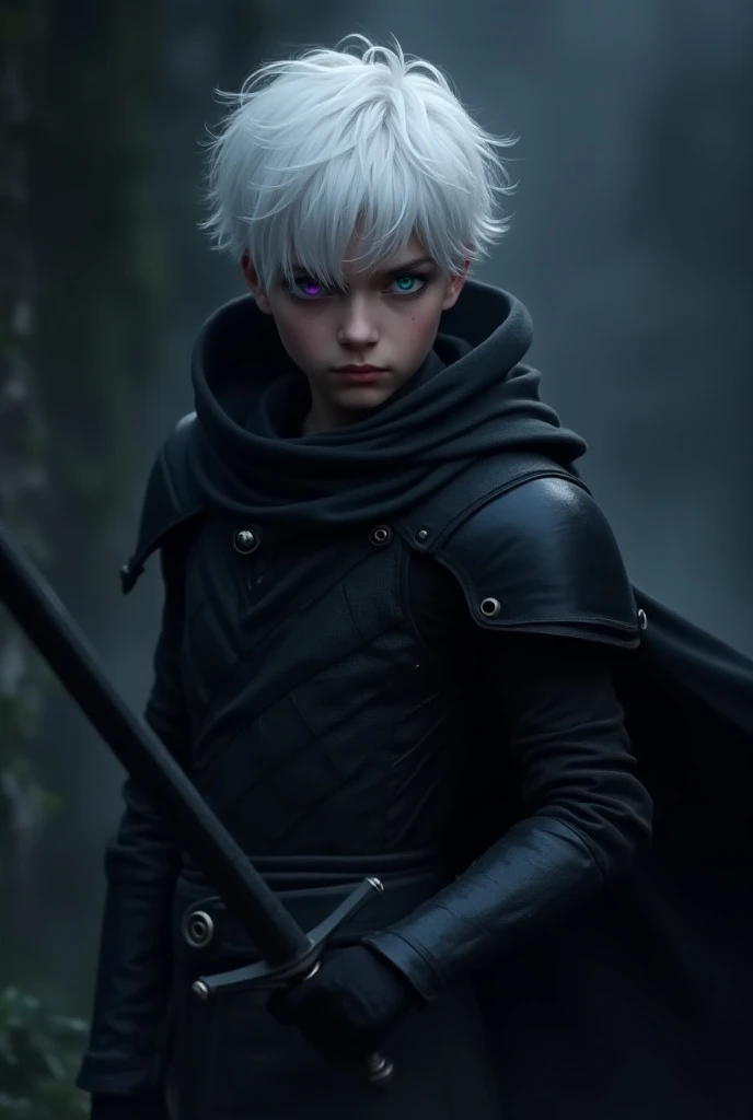 Short grey hair、Red Eyes、A fearless face、Black clothing with leather hood、Wearing gloves、Holding a medieval sword、One caucasican boy Swordsman、12 year、combat style