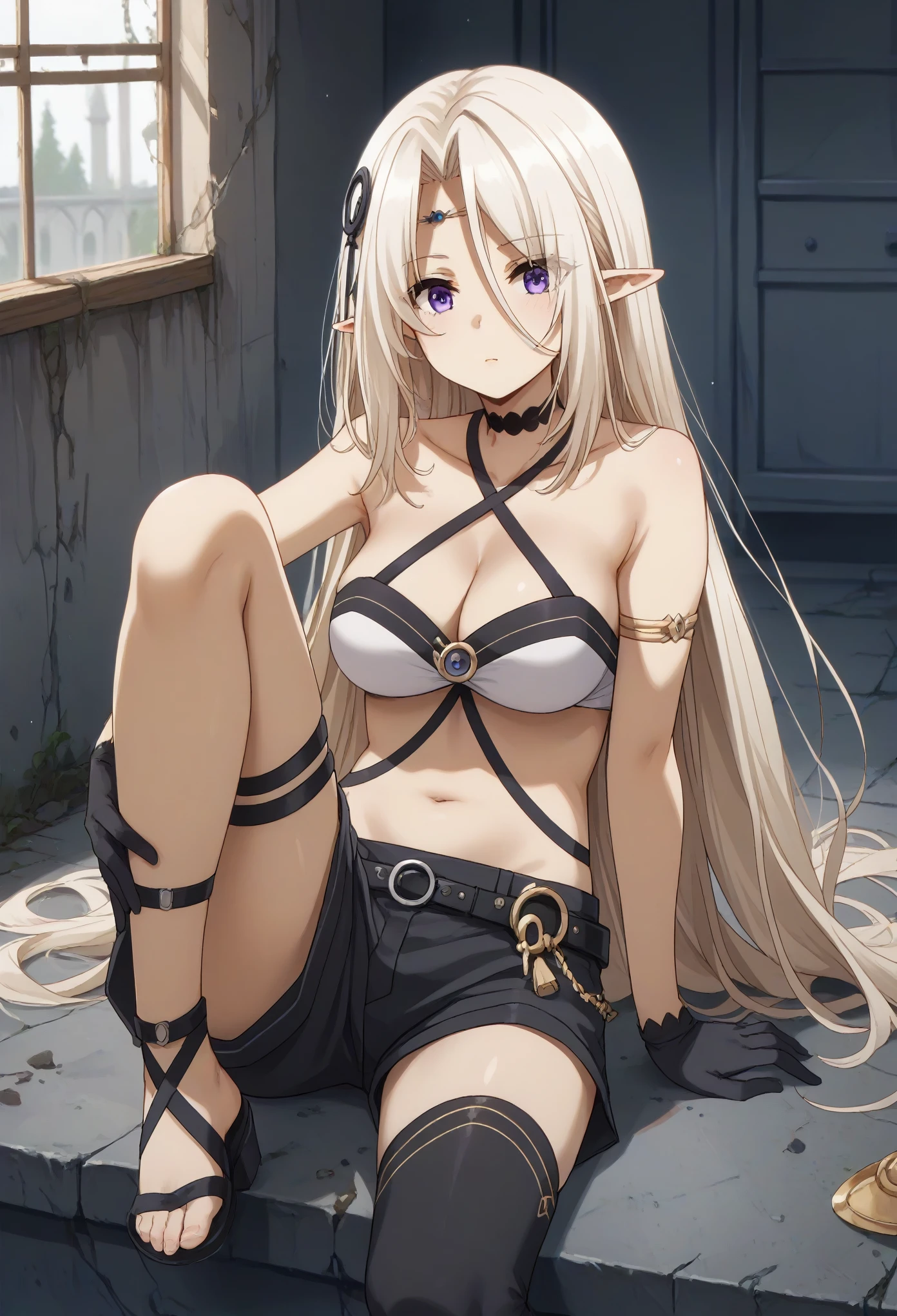 beatrix, long hair, bangs, purple eyes, white hair, pointy ears, elf, sheath, eyes visible through hair, hair ornament, thighhighs, gloves, navel, shorts, choker, black gloves, short shorts, black shorts, cleavage, bare shoulders, halterneck, criss-cross halter,sitting,one leg forward,foot
