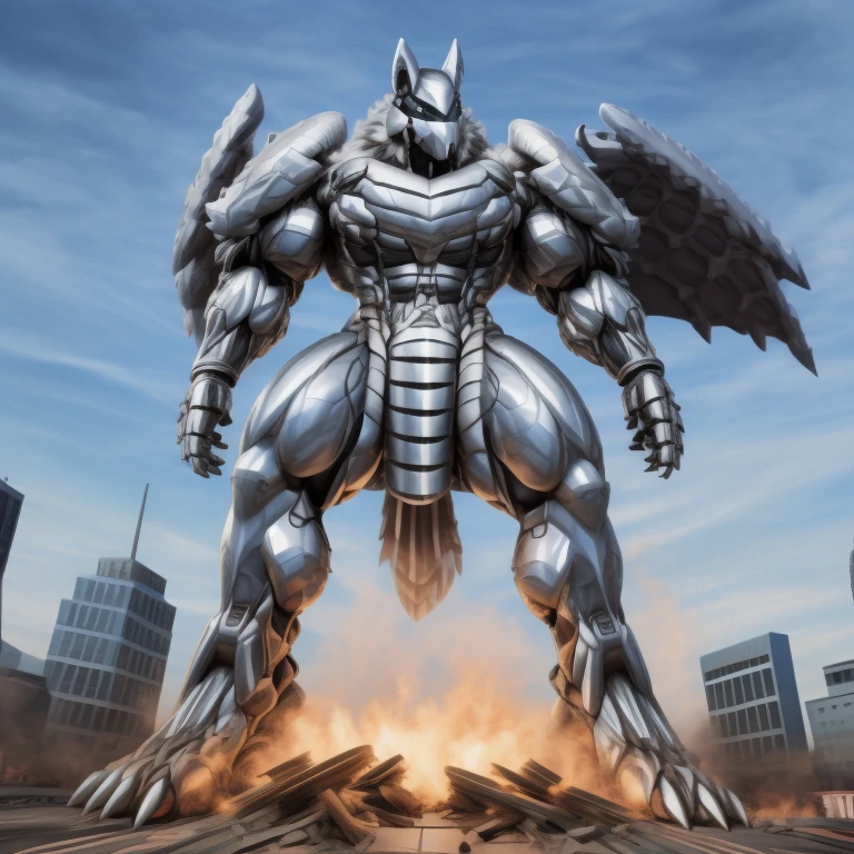 (masterpiece. official art. 8k. best quality. detailed full body. full body.)
(situation 1 : dominating mega lucario. focus GIANT mechanical Muscular mega lucario is trampling the CITY. macro. stomp. Low-angle perspective. emphasizing the immense size. The perspective is from below, emphasizing the sheer majesty and power of the Giant. giant art. He is much bigger than a skyscraper. Giga Giants. micro socceeld. looking down.)

(situation 2 :smoke and flames rising from the destruction in the city)

(Additional details 1: wearing a full-face helmet. helmet is jet black. The color of NANOSUIT is jet black. high-tech bio-mecha armor. real texture material. whole body shines like metal. Wearing cyberpunk mecha. emphasizes the muscles. suit fully made of metal. intricate armor. Robotic suit. suit fully made of metal. no face.). (mega lucario has 5 toes.) Wearing a Full Face Toxic Gas Mask. no blue.
An arrogant expression.
smile at the corner of your mouth.

(Additional details 2: (Detailed head. Detailed Body. Detailed abs. gigantic muscles. HYPER MUSCLES. Gigachad Muscular. big muscle. pecs. triceps. traps. unusually developed muscular body. body full of huge muscles. showing off muscles. pectorales enormes. Exaggeratedly huge muscles. huge muscles. long legs.).

(Additional details 3: nj5furry, Spread wings. It has wings. black have big wings. The claws are sharp. Sharp teeth.5 toes.).  Wearing a Full Face Toxic Gas Mask. 