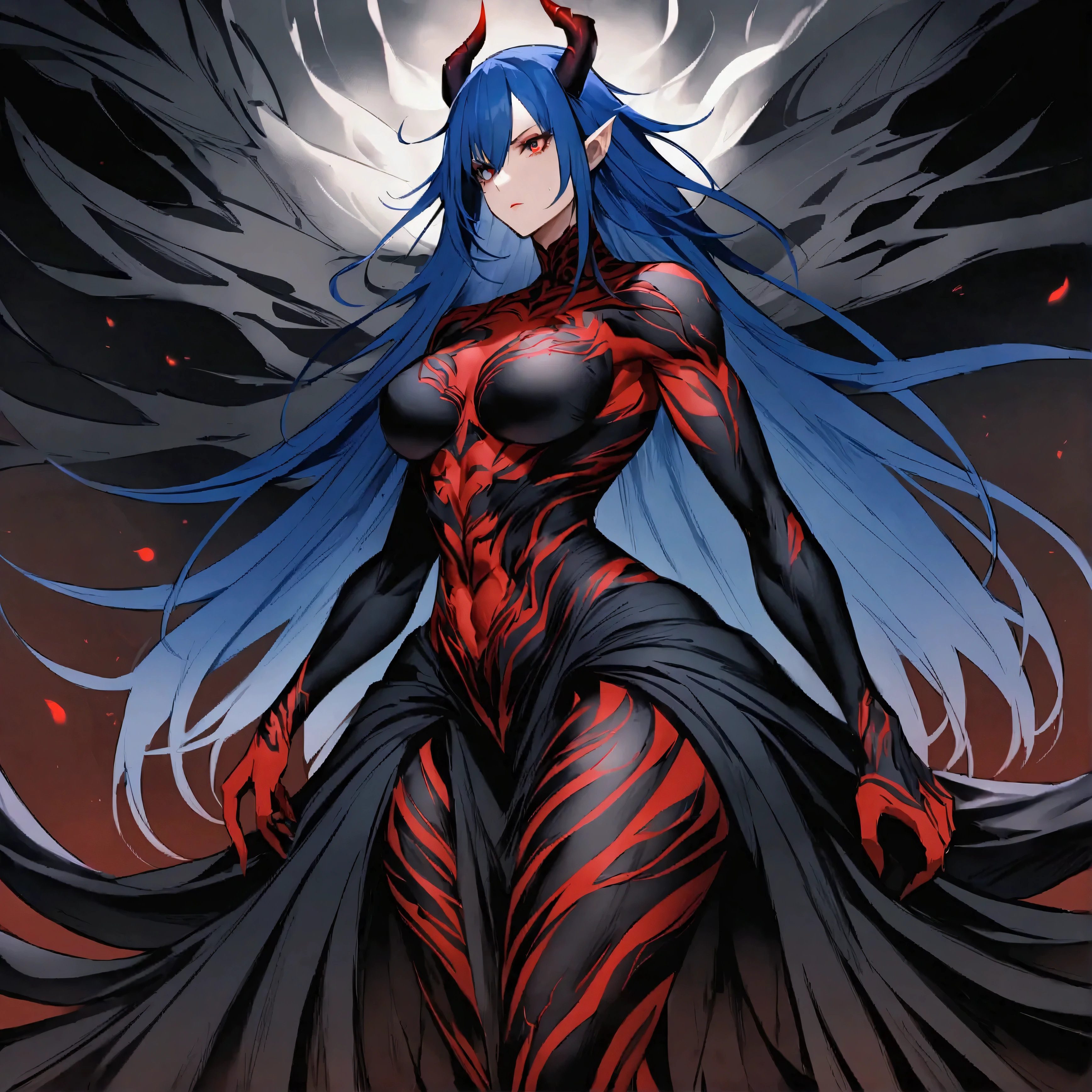 Create a woman with long blue hair, Dark Horns, Eyes red, tail with dark scales, his entire body is covered in darkness with red details, she has a serious face, and athletic and muscular body but normal medium breasts covered in darkness, make her with a defined and muscular but normal body, make her more powerful 