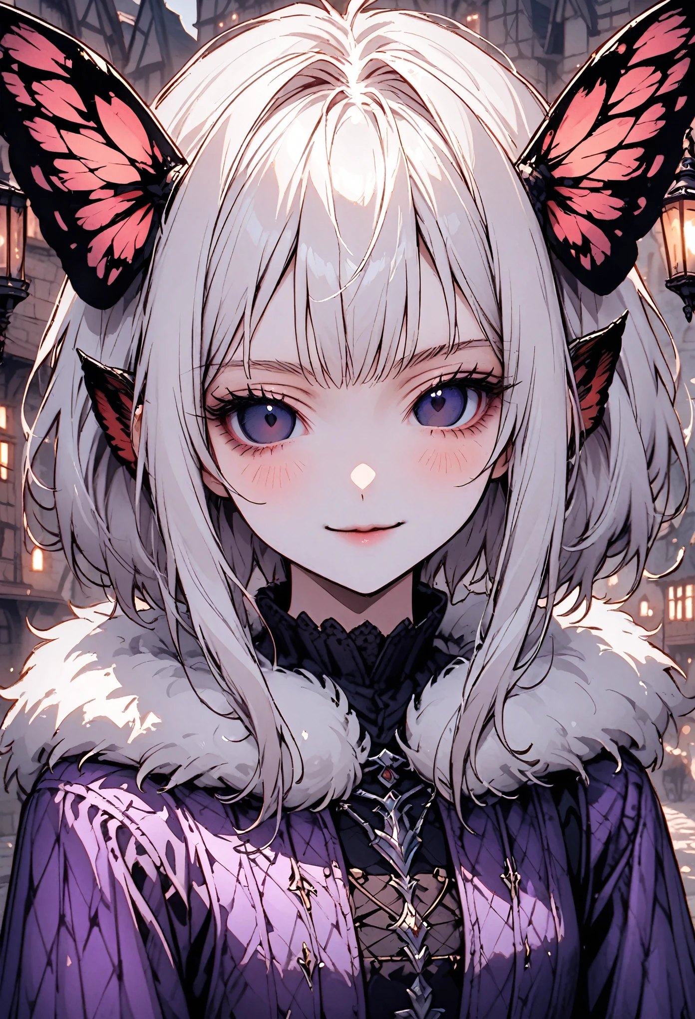 solo, female, close up, insect girl, mothman girl, compound eyes, iridescent eyes, white-brown fur, silver hair, fluffy hair, huge white fur collar, slender, tall, moth antenna, Manduca sexta, black & purple clothes, medieval, town, gentle smile, lamp, black eyes, large moth wings, fluff, black sclera