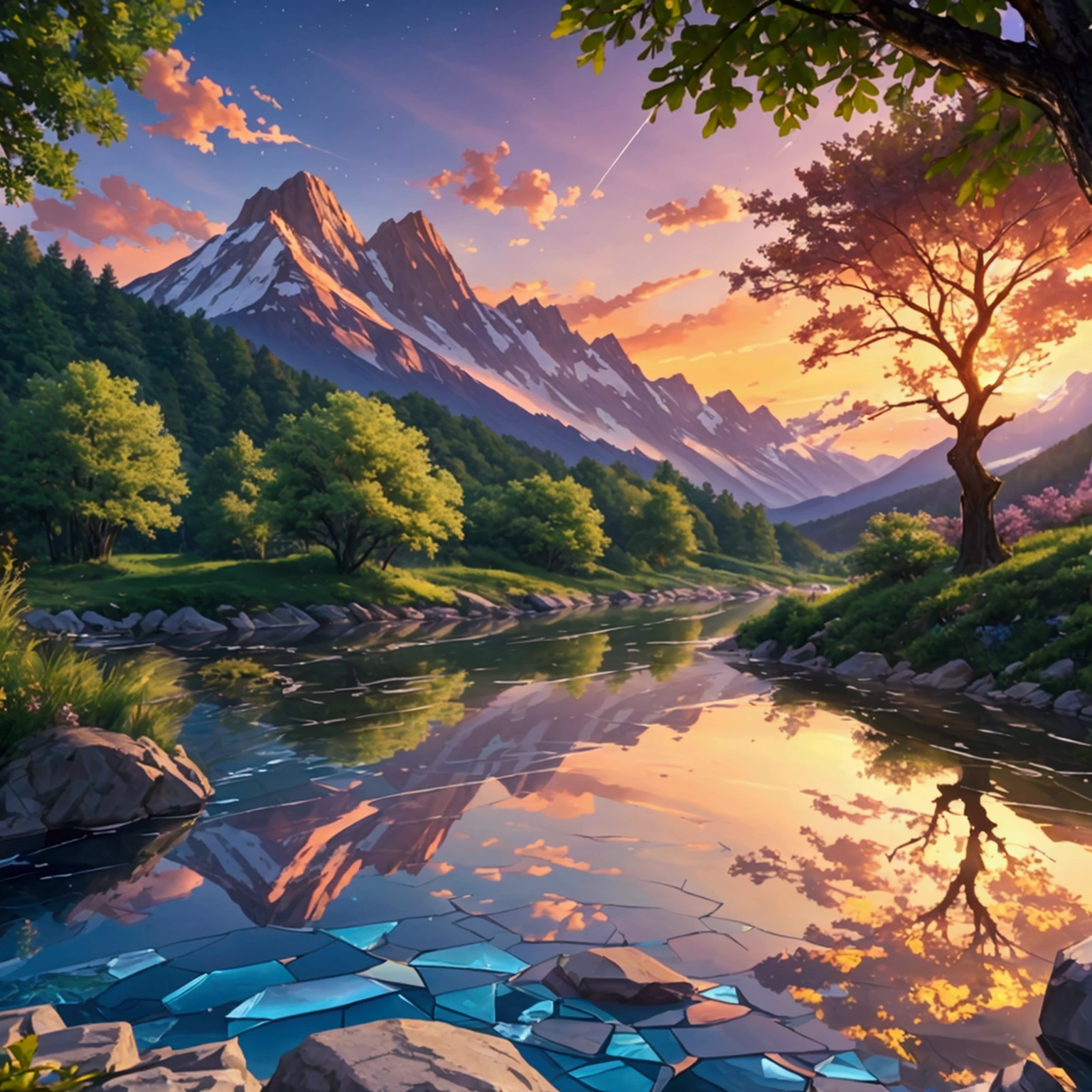 A majestic mountain landscape at dusk, where the sky melts into a mosaic of purple and gold hues. Mountains seem to float slightly above the ground, with rivers of crystal-clear, gravity-defying water spiraling skyward. Bright green trees with translucent leaves seem made of glass, reflecting the light of the sunset, creating a mystical yet strangely realistic atmosphere.