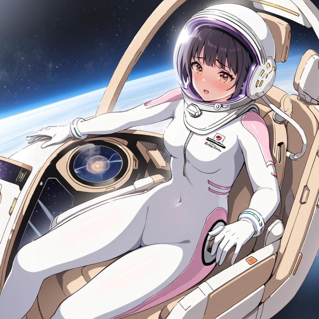 1人of女of子,Alone,short hair,(Space Suit:1.15), Black Hair Space Helmet ,whole body, indoor, masterpiece of the highest quality,  trembling, difficulty breathing, bodysuit before boarding,Lumine , Bubble Helmet, short hair,  backpack,gloves,blush,internal (cockpit) of (Futuristic spaceship:1.6), Sitting on narraw futuristic spacecraft cockpit seat, Covered navel, short hair