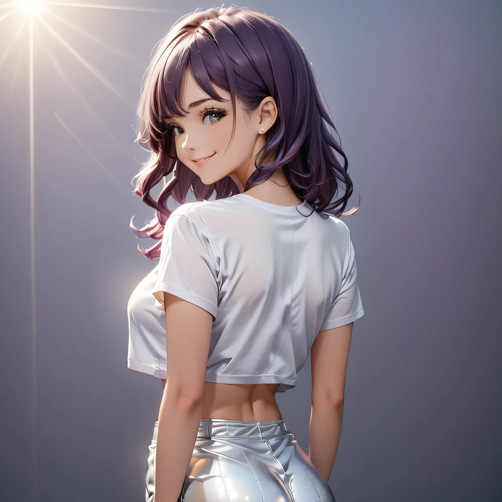 Generate an image of an anime girl viewed from the back. She is wearing tight-fitting silver pants and a short, cropped t-shirt. The girl has a slender figure and is standing with a relaxed posture. Her hair is styled in a way that it cascades down her back, partially covering her shoulders. The background should be simple and unobtrusive to keep the focus on the character. The lighting should be soft and highlight the shiny texture of the silver pants and the casual nature of the t-shirt. deep purple hair , hyper beautiful face, purple hair, perfect anatomy, shiny skin, beautiful smile,
