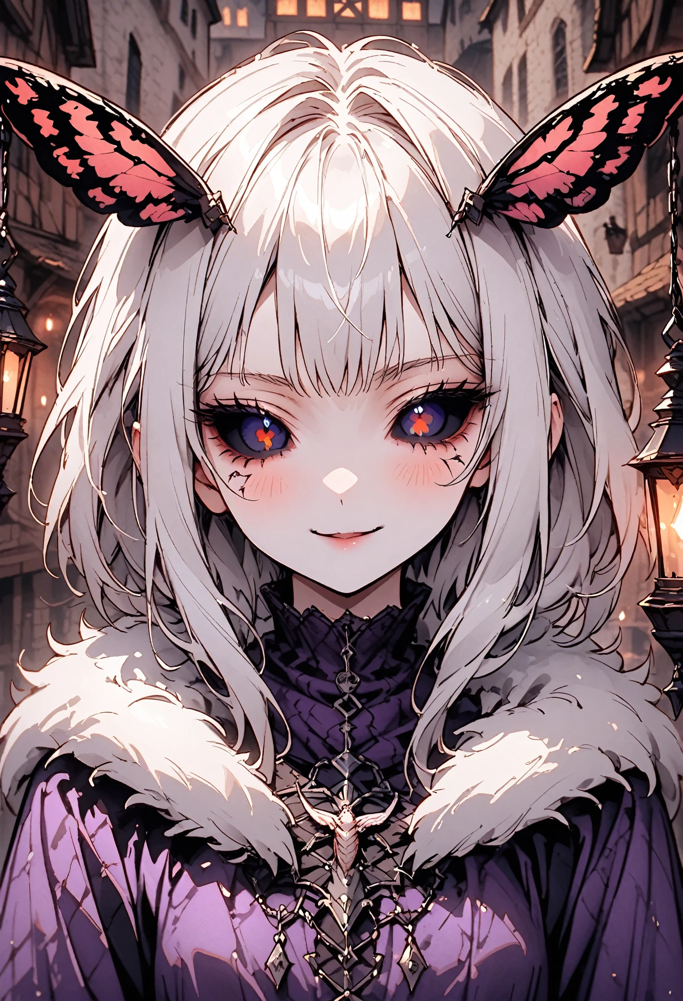 solo, female, close up, insect girl, mothman girl, black compound eyes, iridescent eyes, white-brown fur, silver hair, fluffy hair, huge white fur collar, slender, tall, moth antenna, Manduca sexta, simple black & purple clothes, medieval, town, gentle smile, lamp, black eyes, large moth wings, fluff, black sclera, humble, religious