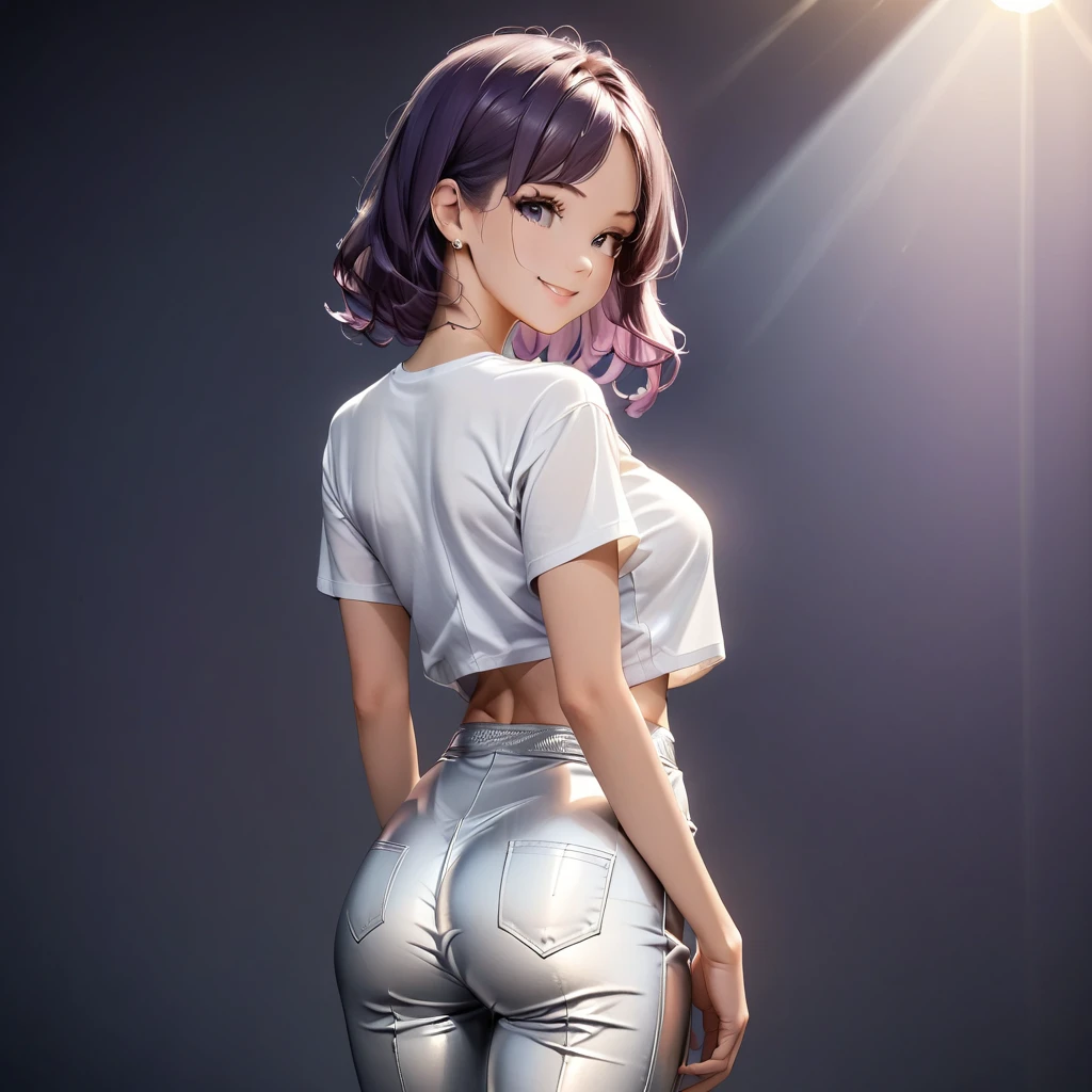 Generate an image of an anime girl viewed from the back. She is wearing tight-fitting silver pants and a short, cropped t-shirt. The girl has a slender figure and is standing with a relaxed posture. Her hair is styled in a way that it cascades down her back, partially covering her shoulders. The background should be simple and unobtrusive to keep the focus on the character. The lighting should be soft and highlight the shiny texture of the silver pants and the casual nature of the t-shirt. deep purple hair , hyper beautiful face, purple hair, perfect anatomy, shiny skin, beautiful smile, 