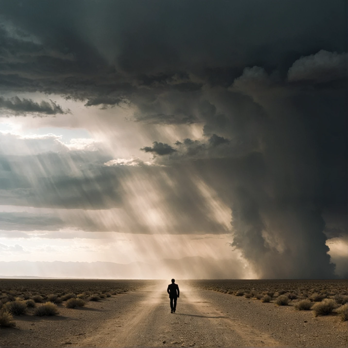 Scene 4:  Global Uncertainty
General plan
An infinite desert under a sky full of clouds,  with gusts of wind raising dust . On the horizon,  a storm is coming ,  symbolizing uncertainty .  The camera moves slowly towards a solitary figure walking towards the storm , showing that,  although the future is uncertain ,  humanity is moving forward with determination . A voiceover says : " are you ready for what is coming ?"
