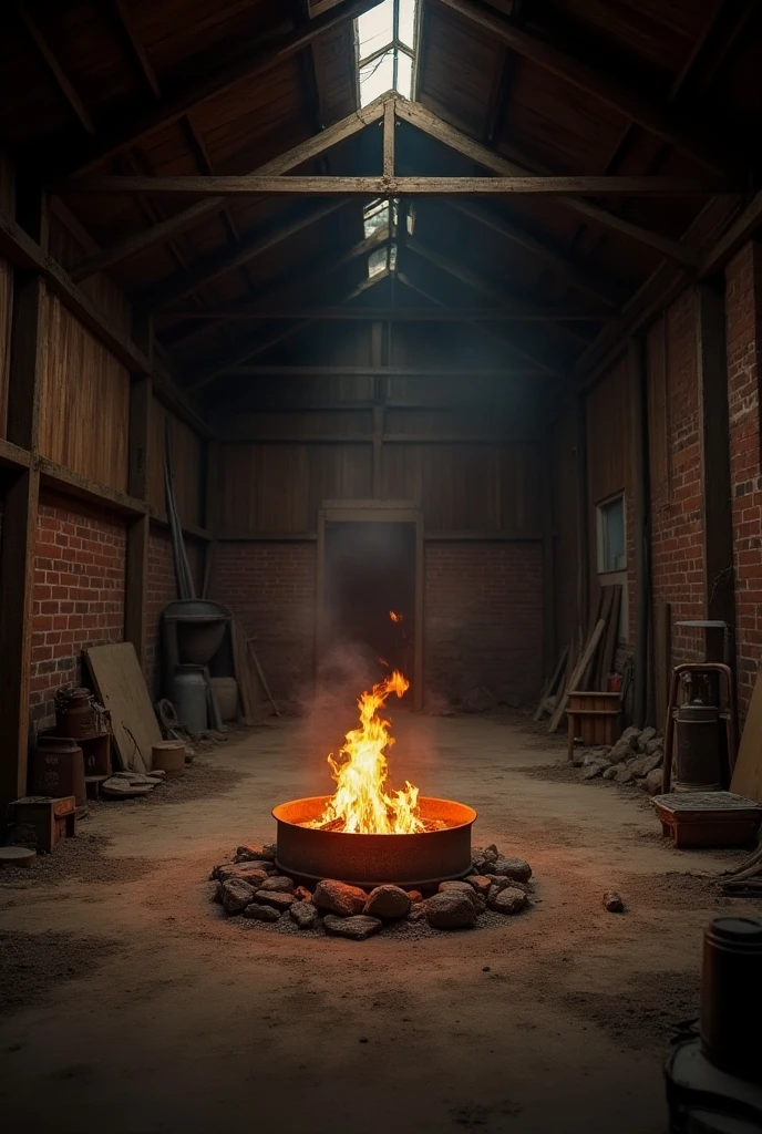naked white-skinned woman with small breasts with short brown hair walks barefoot across the hot coals of a fire, sparks fly from the fire