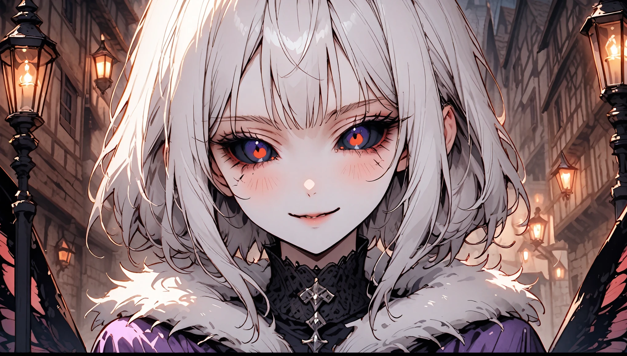 solo, female, close up, insect girl, mothman girl, black compound eyes, iridescent eyes, white-brown fur, silver hair, fluffy hair, huge white fur collar, slender, tall, moth antenna, Manduca sexta, simple black & purple clothes, medieval, town, gentle smile, lamp, black eyes, large moth wings, fluff, black sclera, humble, religious