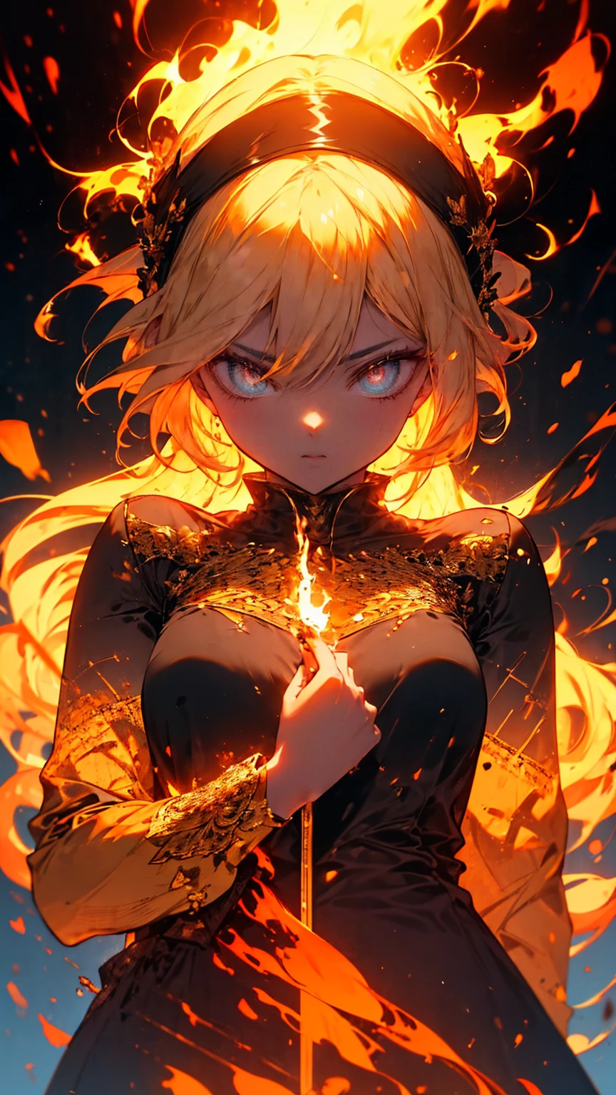 Anime girl with a fire body made out of fire but her private parts are not exposed with a long fire hair made out of fire she has sun mark in her pupils she has a scary smile as she has flaming chains around her her pupils were orange and there was a sun mark inside her pupils as there was only fire around her as she kept a scary smile pulling the fire chains with her hands and a lot of the fire chains is around the place her body made out of fire her hair was fire her skin was fire no body just fire no nsfw please