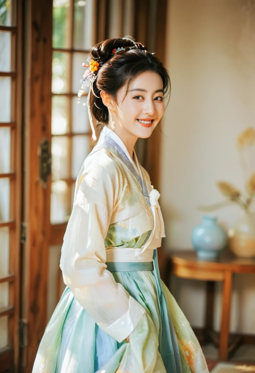 Realistic photo, full body. Young beautiful smiling woman wearing Hanbok and traditional shoes. Natural beauty, beautiful eyes, perfect smooth skin. Gentle warm sunlight, vibrant colors, soft focus, soft bokeh, dramatic backlight. Best quality, a masterpiece.