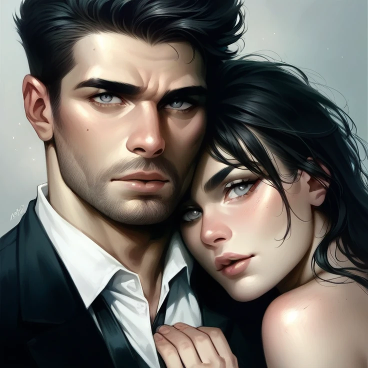 A man in a black suit very close to a sexy woman in a turtleneck in a romantic and sensual way looking himself straight in the eye. Personnage semi-realiste , illuastration fond , Very detailed characters