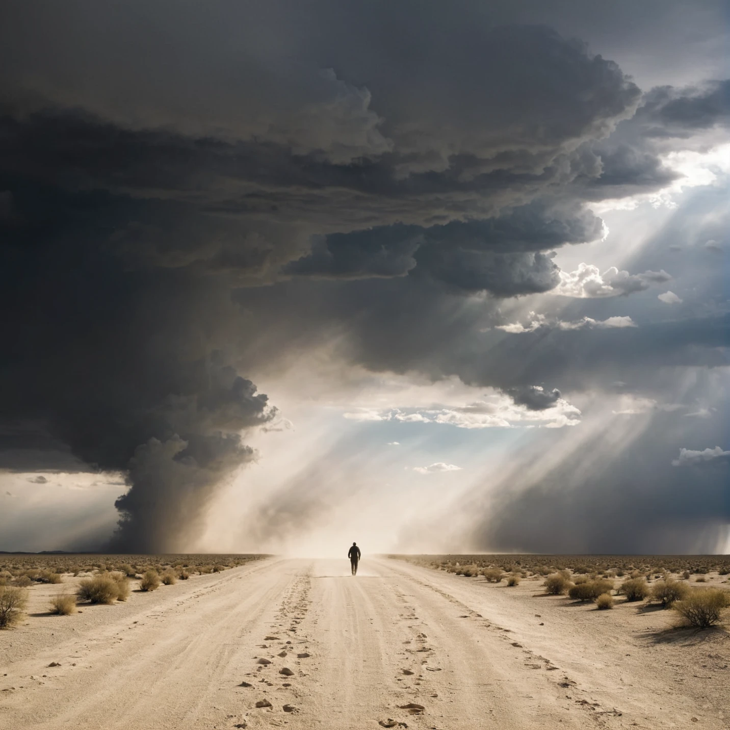 Scene 4:  Global Uncertainty
General plan
An infinite desert under a sky full of clouds,  with gusts of wind raising dust . On the horizon,  a storm is coming ,  symbolizing uncertainty .  The camera moves slowly towards a solitary figure walking towards the storm , showing that,  although the future is uncertain ,  humanity is moving forward with determination . A voiceover says : " are you ready for what is coming ?"
