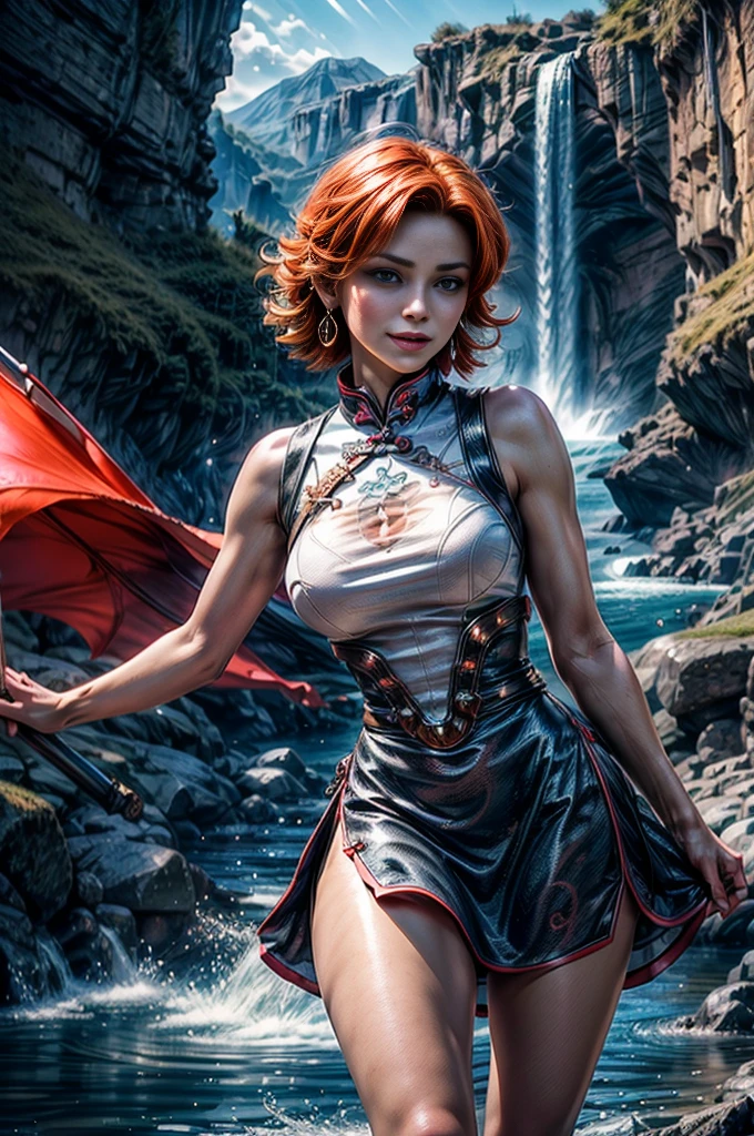 cowboy shot, dynamic pose, beautiful (nora_valkyrie), looking at viewer, smiling, lips, short hair, blue eyes, orange hair, hoop earring, wearing a dragon print qipao dress, black nail, standing in cave entrance, waterfall, river, best quality, masterpiece, intricate details, tonemapping, sharp focus, hyper detailed, masterpiece, elegant face, beautiful face, highly detailed skin, skin pores, subsurface scattering, realistic pupils, full lips, detailed background, depth of field, atmospheric perspective, volumetric lighting, sharp focus, absurdres, realistic proportions, good anatomy, (realistic, hyperrealistic:1.4), 16k hdr,