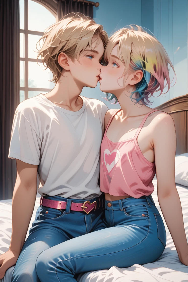 (masterpiece, best quality), 2boys, blonde boy, boy face, boy body, cute boy, femboy, light blue eyes, short hair, messy hair, bangs, pastel rainbow inner hair color mesh, cute face, shirtless, (no breast), bare arms, bare chest, bare tummy, smooth skin, slender body, light blue denim boy cut jeans, (pink hearts embroidered on jeans), (tiny bulge on jeans), (belted jeans), pink glitter belt, blonde hair, cute face, boy body, sitting on bed, colored plushies on bed, hugging each other, kissing each other, passionate kiss, rubbing his crotch, girly bedroom full of hearts and rainbows, intricate detail, sunlight, 