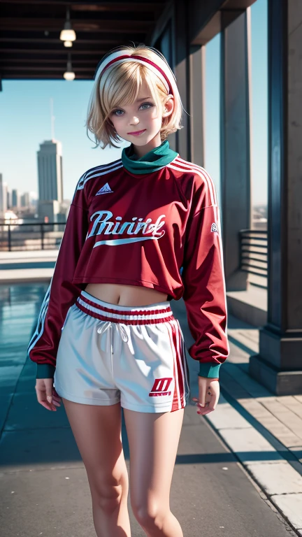 Robyn Starling,
blonde, wavy short hair, blunt bangs,red hairband,
arched brown eyebrows,big detailed turquoise eyes,snub nose, slim light pink lips,
petite,short,very thin,very young teen,skinny,short torso,
masterpiece,best quality,HDR, 
dressing an oversized white and red hockey jersey,full body shoot,
smiling, winter city background
