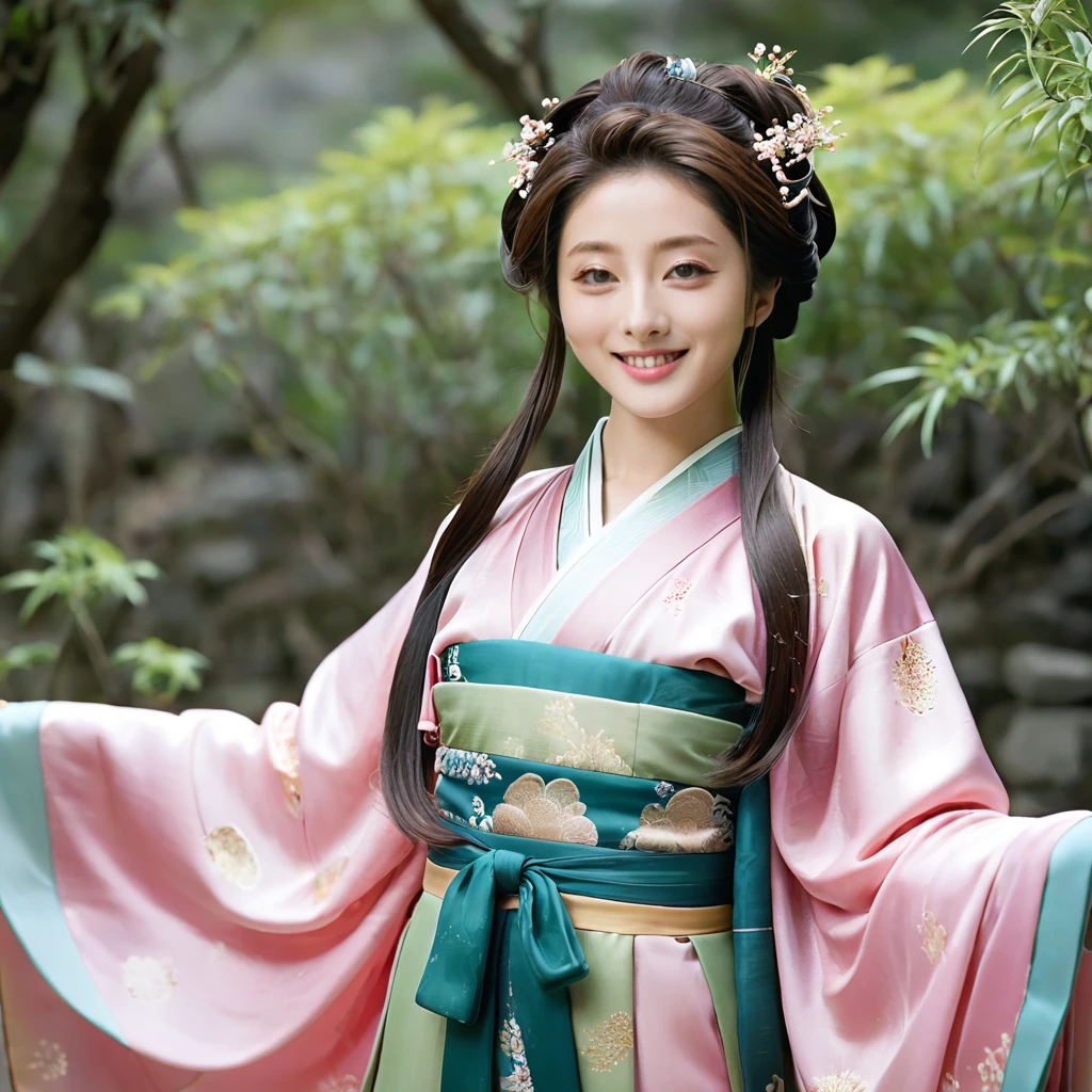 ((Best Quality)), ((masterpiece)), (detailed), （ perfect face）,The woman is Ishihara Satomi, who has excellent proportions and big breasts, wears Chinese Hanfu and ties her hair、The woman is smiling gently