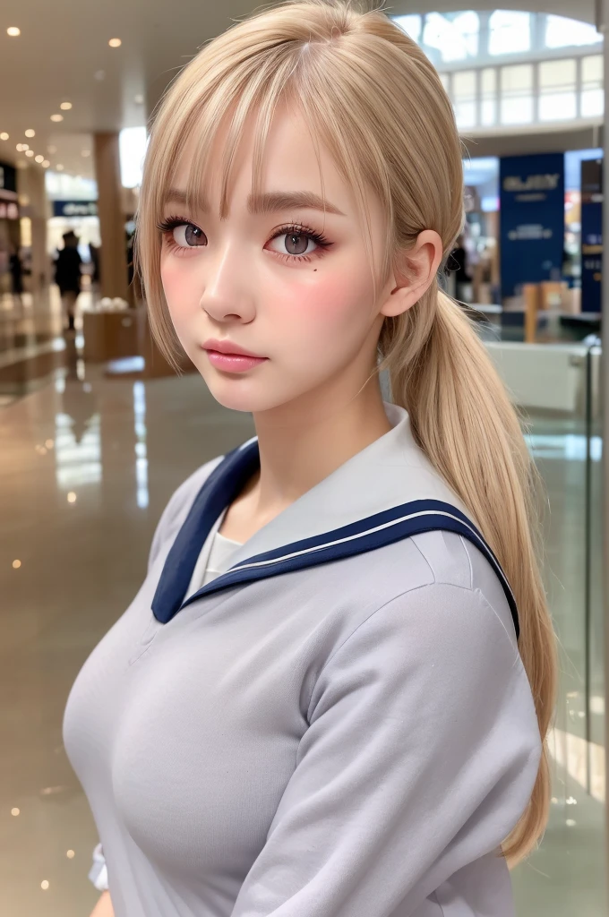 ((Highest quality)), ((masterpiece)), (High-definition photos), (upper ponytail), (Blonde), (bangs),  beautiful girl, False eyelashes, wetty lips, Thin eyebrows, gray eyes, ((sailor uniform)), standing on one leg, puffy nipples, puffy areola, erect nipples under clothes, white skin, head tilt, (Blushed:1.3), from side, arms up, shopping mall, crowded
