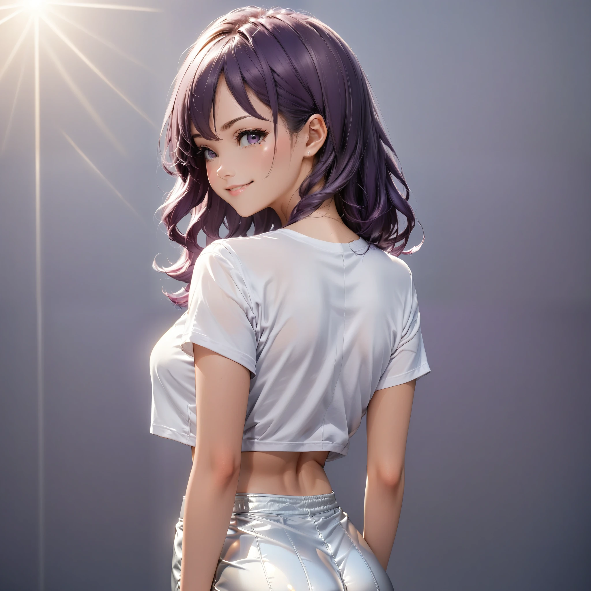 Generate an image of an anime girl viewed from the back. She is wearing tight-fitting silver pants and a short, cropped t-shirt. The girl has a slender figure and is standing with a relaxed posture. Her hair is styled in a way that it cascades down her back, partially covering her shoulders. The background should be simple and unobtrusive to keep the focus on the character. The lighting should be soft and highlight the shiny texture of the silver pants and the casual nature of the t-shirt. deep purple hair , hyper beautiful face, purple hair, perfect anatomy, shiny skin, beautiful smile,
