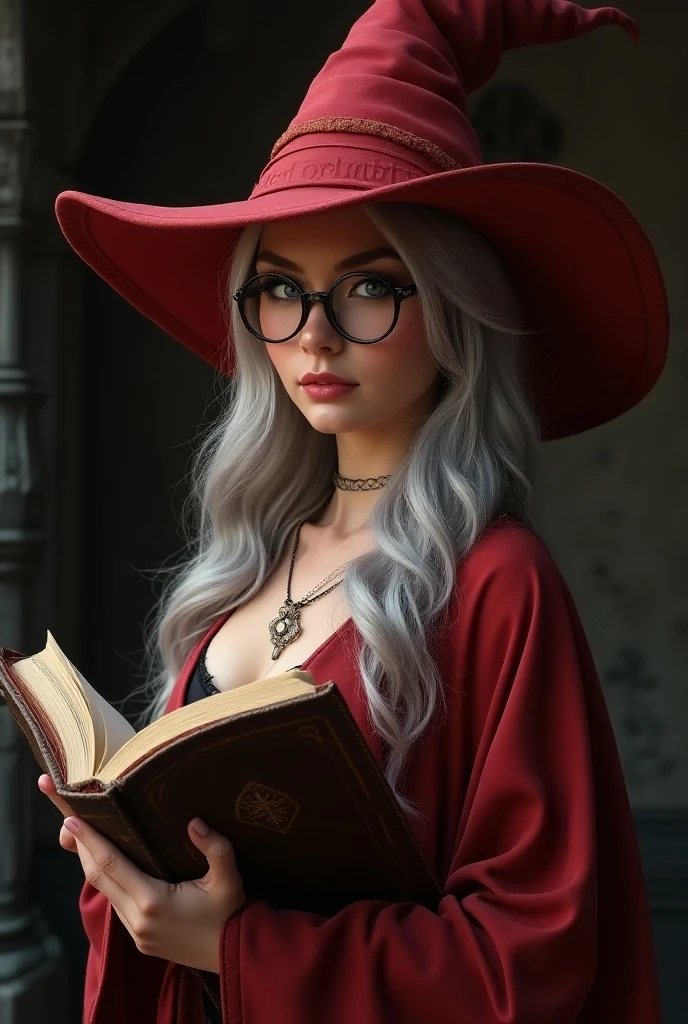 Woman in red hat and glasses holding a book,silver hair,she wears Harry Potter glasses, Maya Ali as D&D sorceress, holding spell book, dressed as witch, D&D magician, wearing a red wizard hat.