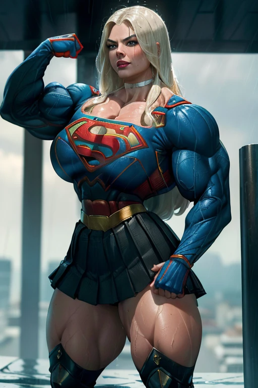 (((Close-up))), tall, (White hair) beautiful muscular woman, long straight hair, brown skinned, closed smile, large breast, (black lipstick), (massive muscles), (hyper muscle), ((ginormous bulky muscles)), blue eyes, (((white supergirl suit))), (white supergirl skirt), gauntlets, choker, boots, (in space)