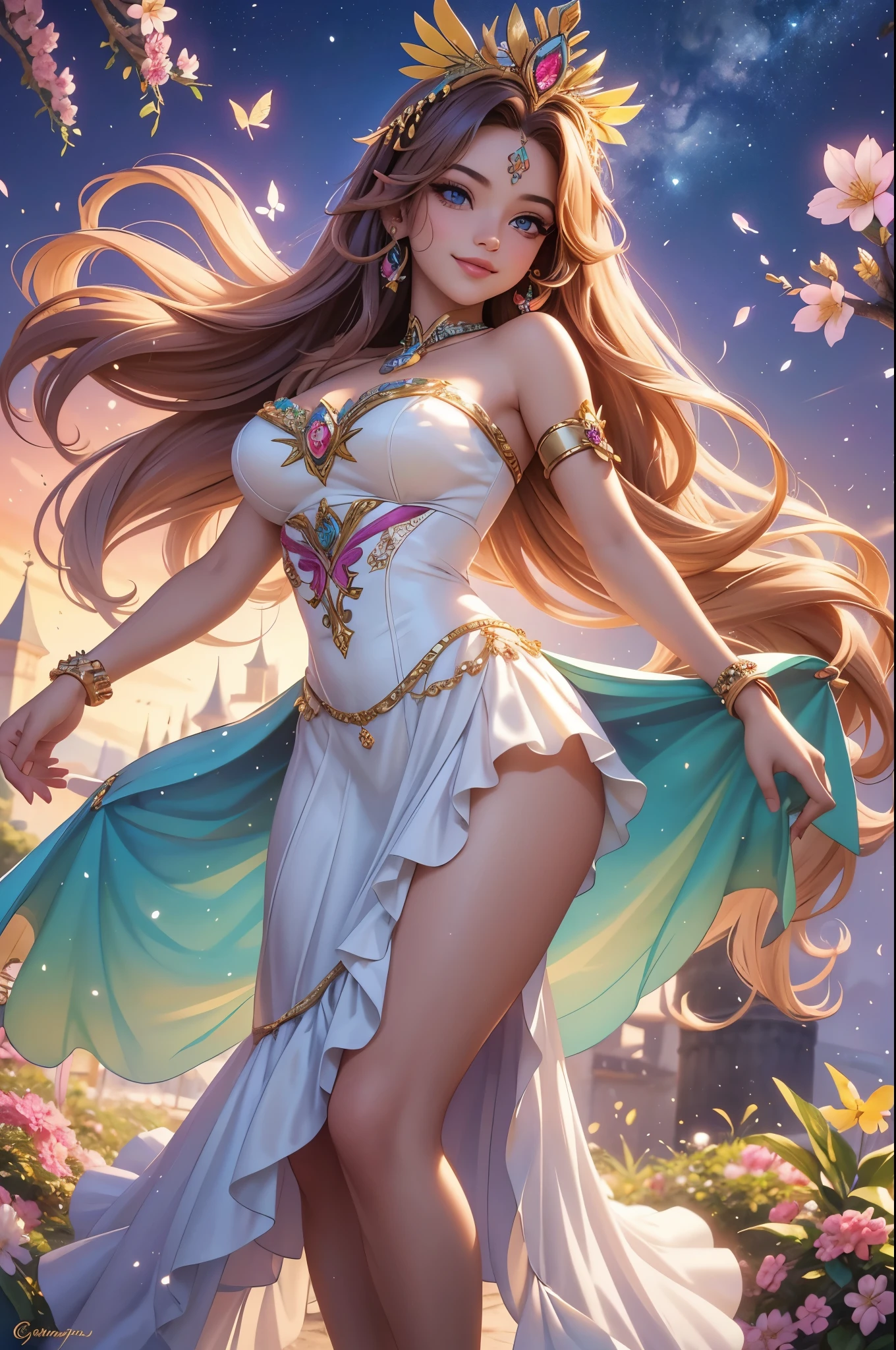 (best quality,4k,8k,highres,masterpiece:1.2),ultra detailed,(realistic,photorealistic,photo-realistic:1.37),acrylic painting,beautiful Brazilian godess in a Lolita dress with downy hair,beautiful Brazilian godess with extremely colorful hair and detailed facial features,beautiful Brazilian godess standing in a beautiful garden surrounded by a starry sky,beautiful Brazilian godess wearing a vibrant Lolita dress,beautiful Brazilian godess with intricate accessories and a matching hat,beautiful Brazilian godess posing gracefully with her hands on her hips,beautiful Brazilian godess with long flowing twintails,beautiful Brazilian godess with bright blue eyes and rosy lips,beautiful Brazilian godess with a joyful expression,beautiful Brazilian godess in a dynamic pose with cherry blossoms falling around her,beautiful Brazilian godess surrounded by colorful flowers and butterflies,beautiful Brazilian godess's dress adorned with cute bows and lace details,beautiful Brazilian godess with an enchanting smile,beautiful Brazilian godess with soft pastel color shading,beautiful Brazilian godess with a magical glow illuminating her,beautiful Brazilian godess in a picturesque setting with a winding path leading to a magnificent castle,beautiful Brazilian godess with a fairytale background,beautiful Brazilian godess with a soft dreamy atmosphere,beautiful Brazilian godess with a subtle bokeh effect,beautiful Brazilian godess standing under a moonlit sky,beautiful Brazilian godess with a warm golden sunset in the background,beautiful Brazilian godess surrounded by twinkling stars and colorful nebulae,creating an ethereal and captivating artistic masterpiece