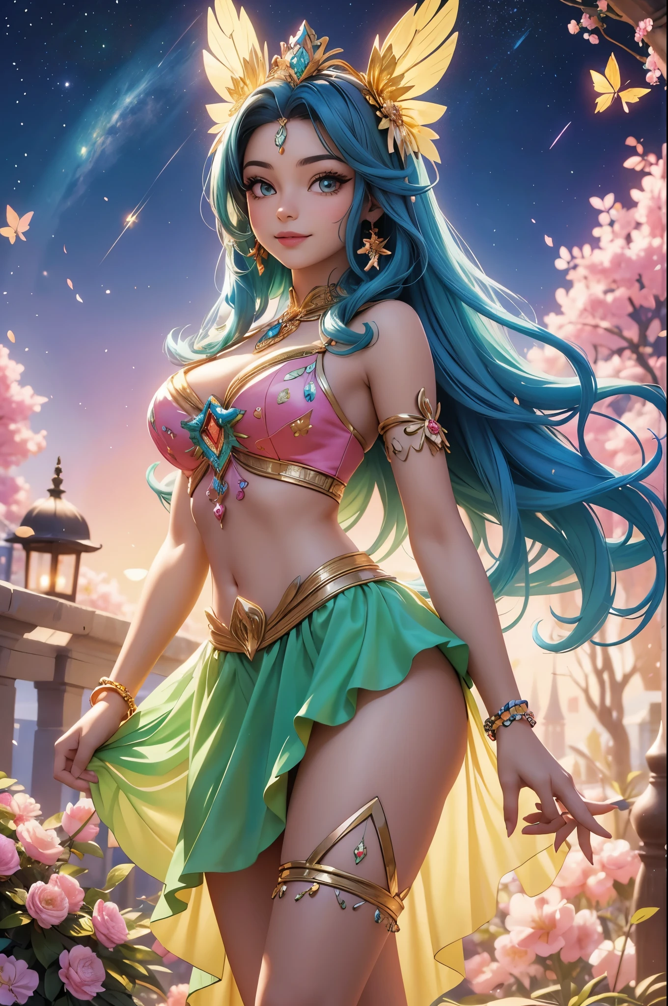 fashion photo shoot of a very beautiful princess girl with a crazy look, crazy smile, crown of colored crystals, surreal outfit, voluminous shapes, soap bubbles, bright colors, holographic colors, cinematic light,(dress lift:1.3), (thong:1.1)