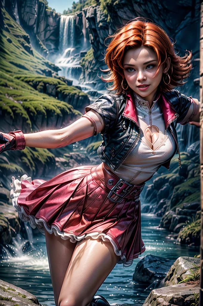 cowboy shot, dynamic pose, beautiful (nora_valkyrie), looking at viewer, smiling, lips, short hair, blue eyes, orange hair, hoop earring, cropped jacket, black jacket, short sleeves, white shirt, cleavage cutout, pink skirt, cross-laced boots, pink gloves, fingerless gloves, black nail, standing in cave entrance, waterfall, river, best quality, masterpiece, intricate details, tonemapping, sharp focus, hyper detailed, masterpiece, elegant face, beautiful face, highly detailed skin, skin pores, subsurface scattering, realistic pupils, full lips, detailed background, depth of field, atmospheric perspective, volumetric lighting, sharp focus, absurdres, realistic proportions, good anatomy, (realistic, hyperrealistic:1.4), 16k hdr,